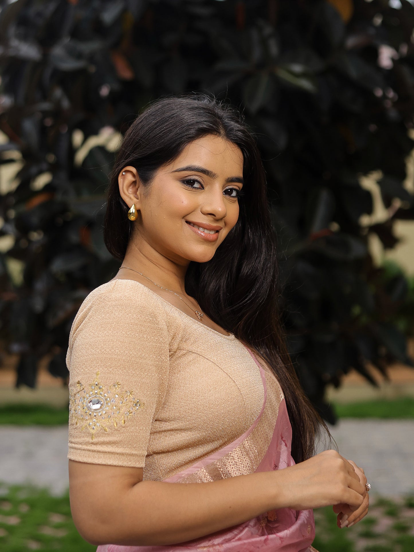 Vajra Beige Bajuband Embroidery Work Stretchable Saree Blouse