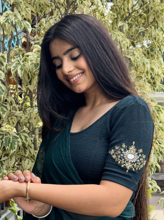 Vajra Bottle Green Bajuband Embroidery Work Stretchable Saree Blouse