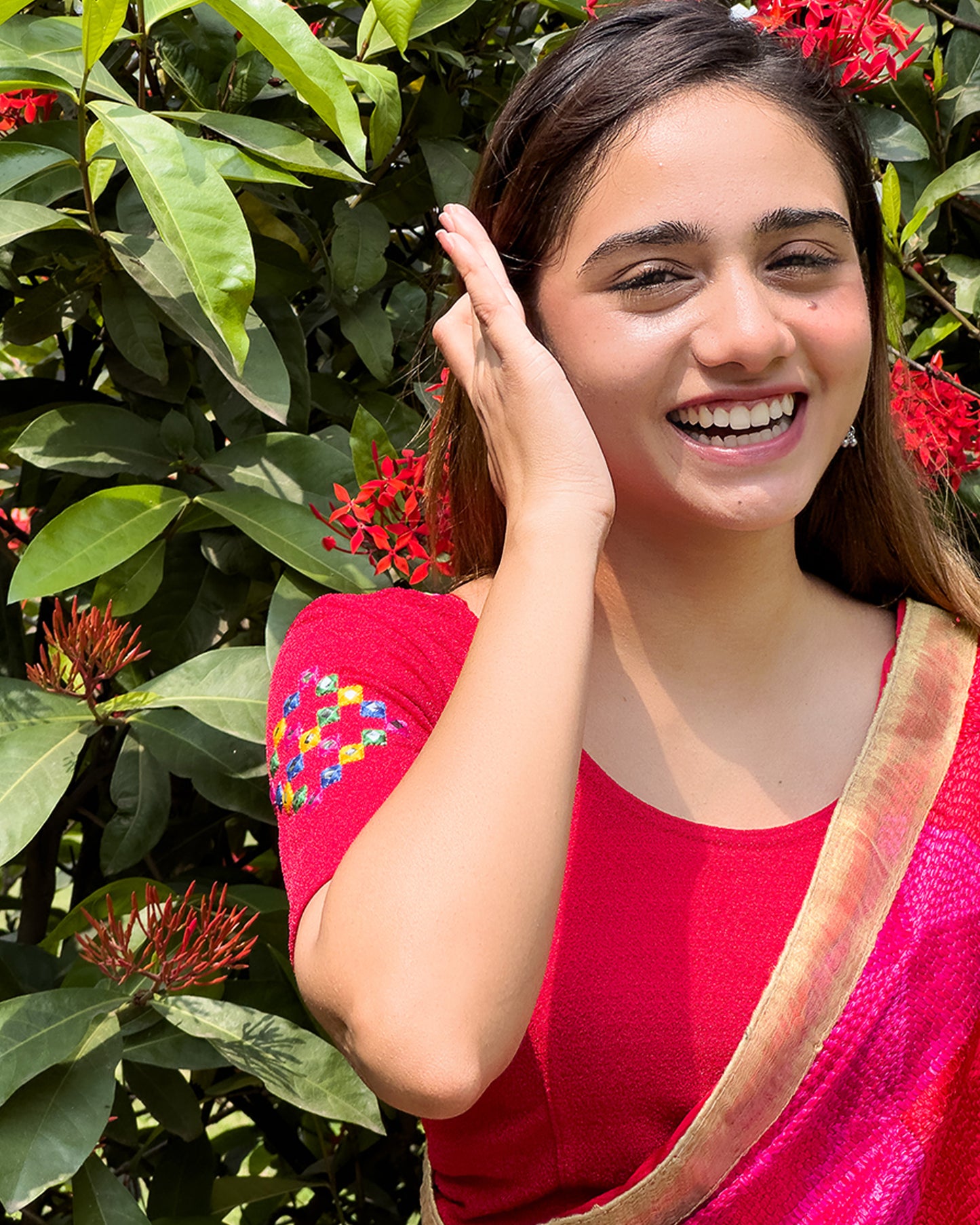 Model pairing the blouse with a saree, styled for festive occasions.