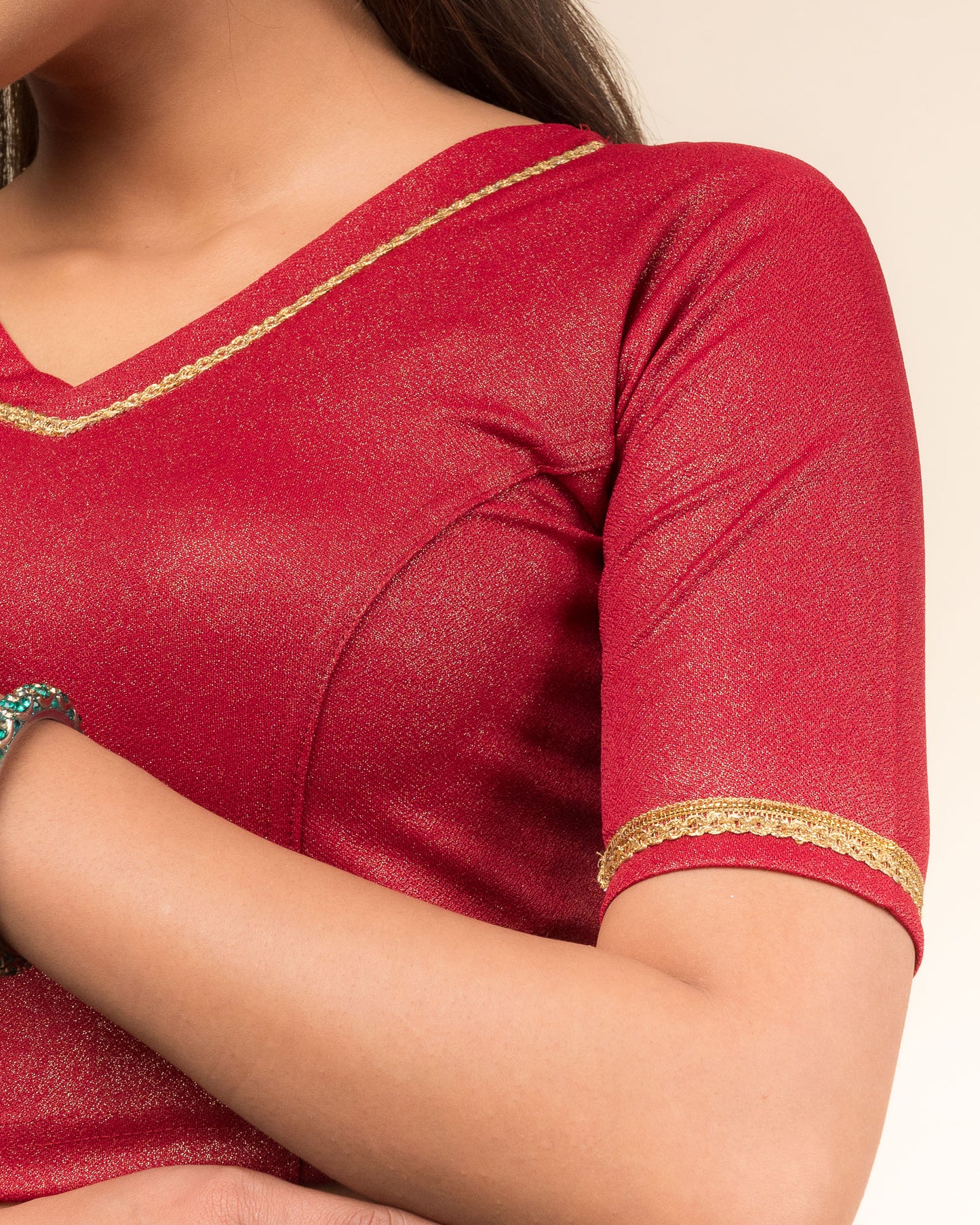 Close-up of the jacquard fabric with metallic finish.
