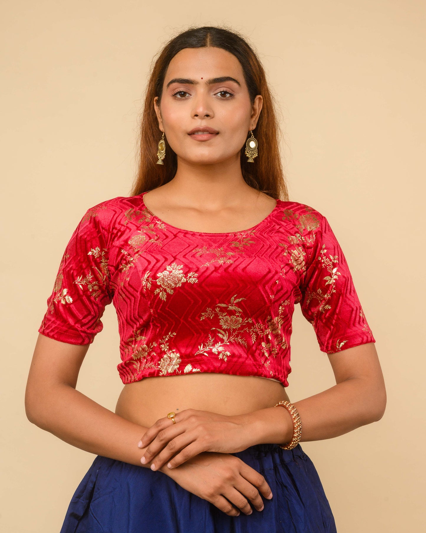 Keri Red Metallic Velvet Floral Stretchable Saree Blouse – Advi