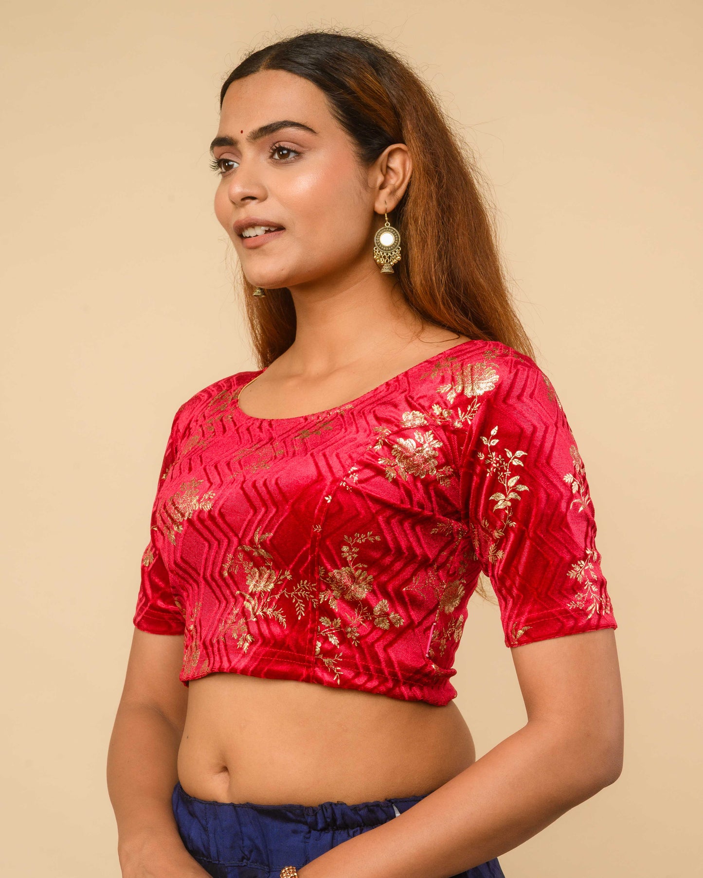 Keri Red Metallic Velvet Floral Stretchable Saree Blouse – Advi