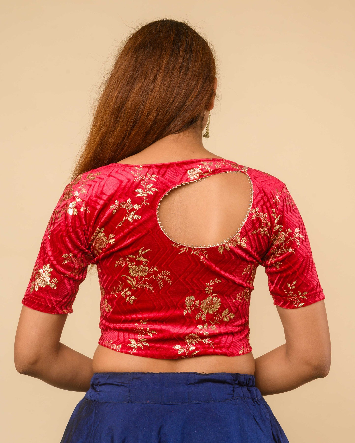 Keri Red Metallic Velvet Floral Stretchable Saree Blouse – Advi