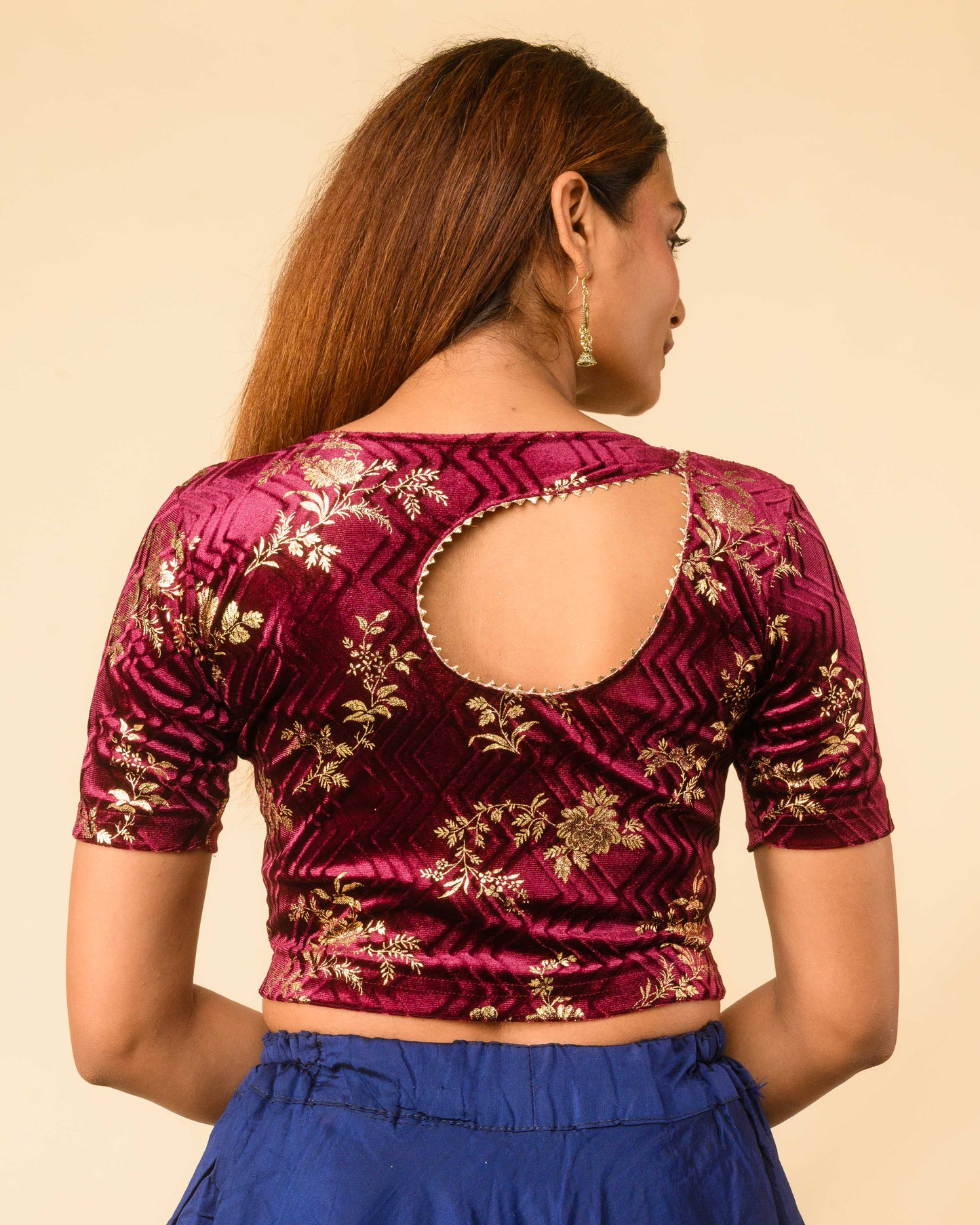 Keri Wine Metallic Velvet Floral Stretchable Saree Blouse – Advi