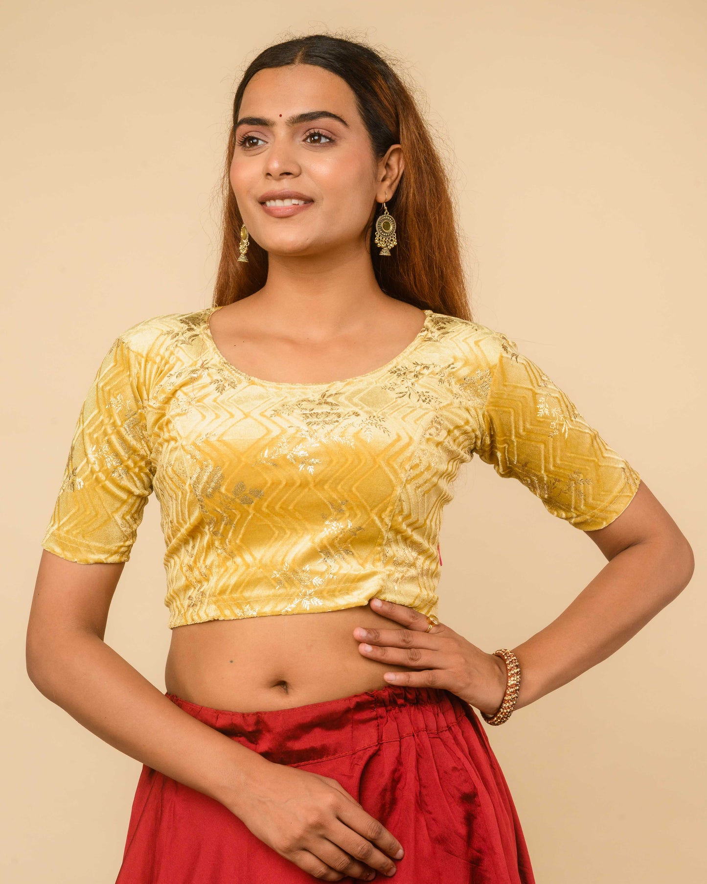 Keri Gold Metallic Velvet Floral Stretchable Saree Blouse – Advi
