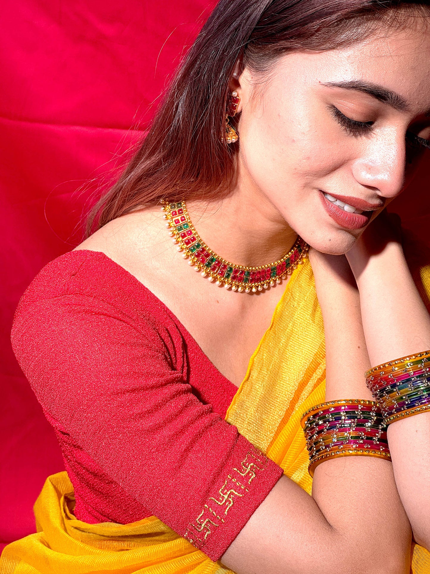 Mauli Red Traditional Swastika Embroidered Stretchable Saree Blouse – Advi