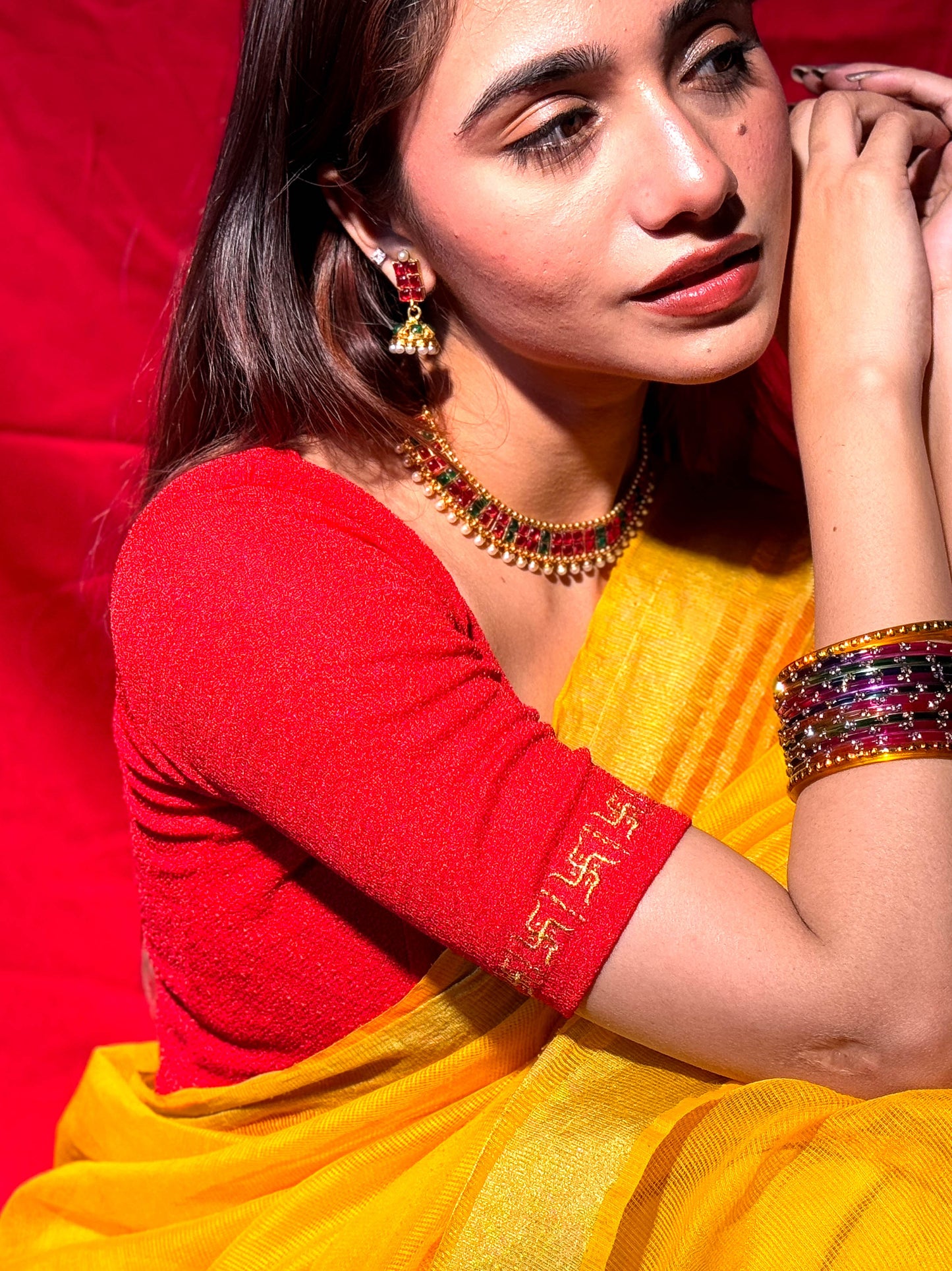 Mauli Red Traditional Swastika Embroidered Stretchable Saree Blouse – Advi