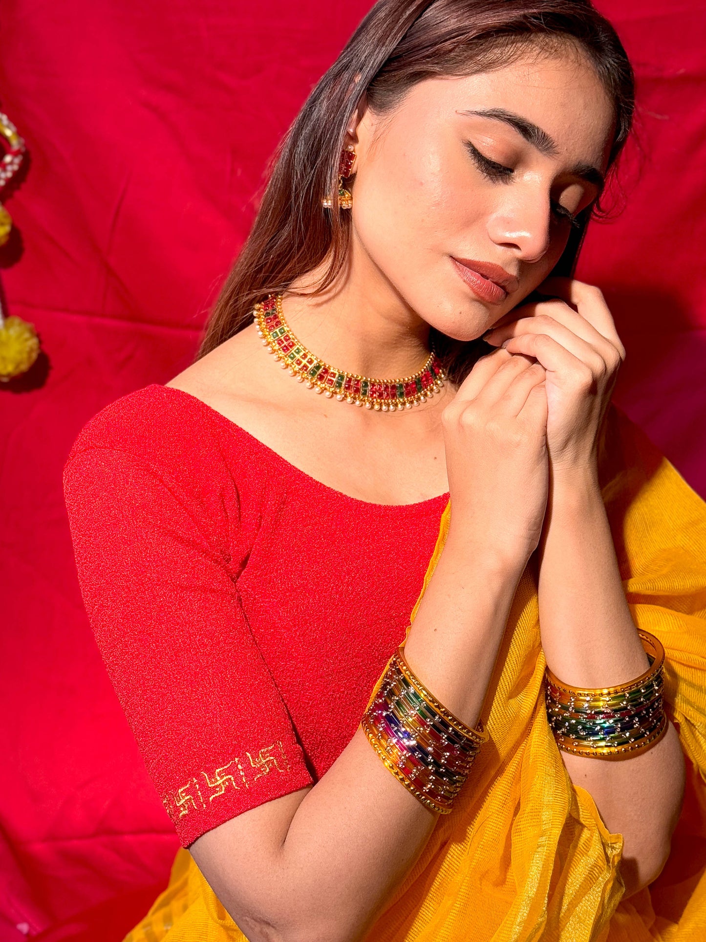 Mauli Red Traditional Swastika Embroidered Stretchable Saree Blouse – Advi