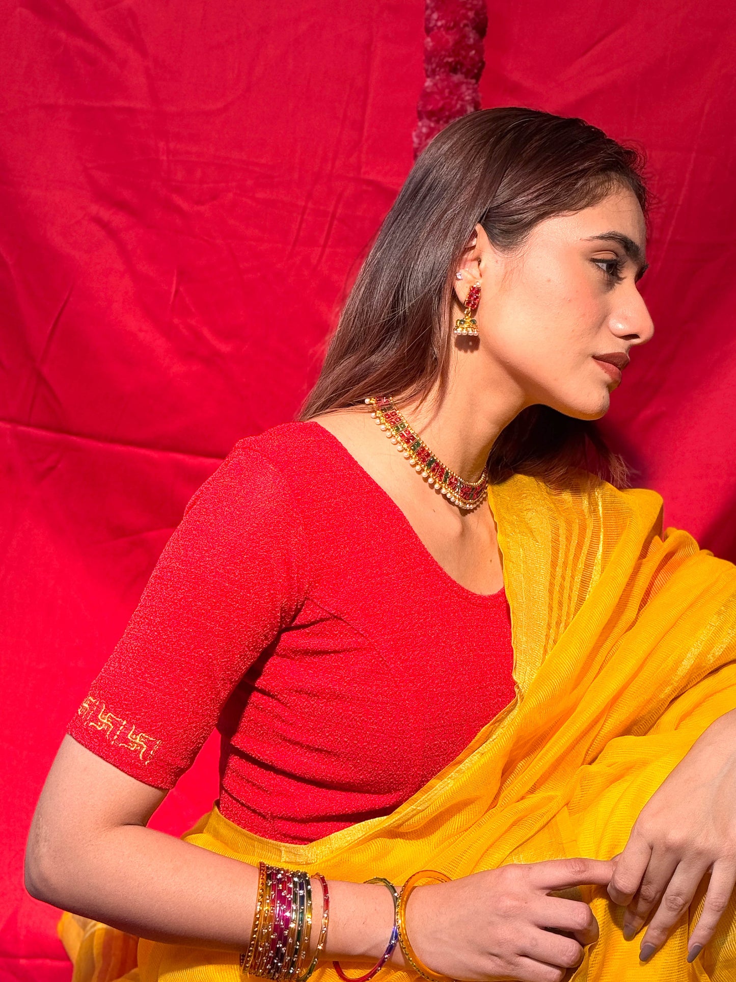 Mauli Red Traditional Swastika Embroidered Stretchable Saree Blouse – Advi