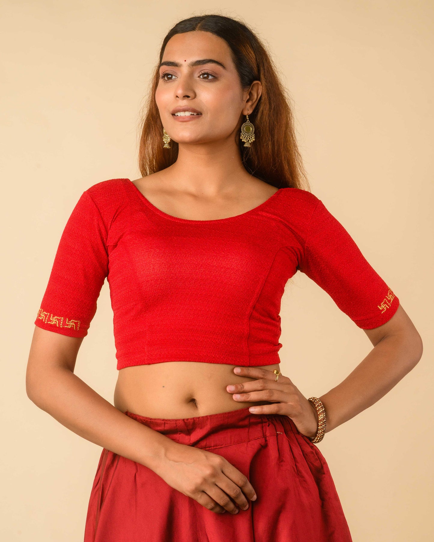 Mauli Red Traditional Swastika Embroidered Stretchable Saree Blouse – Advi