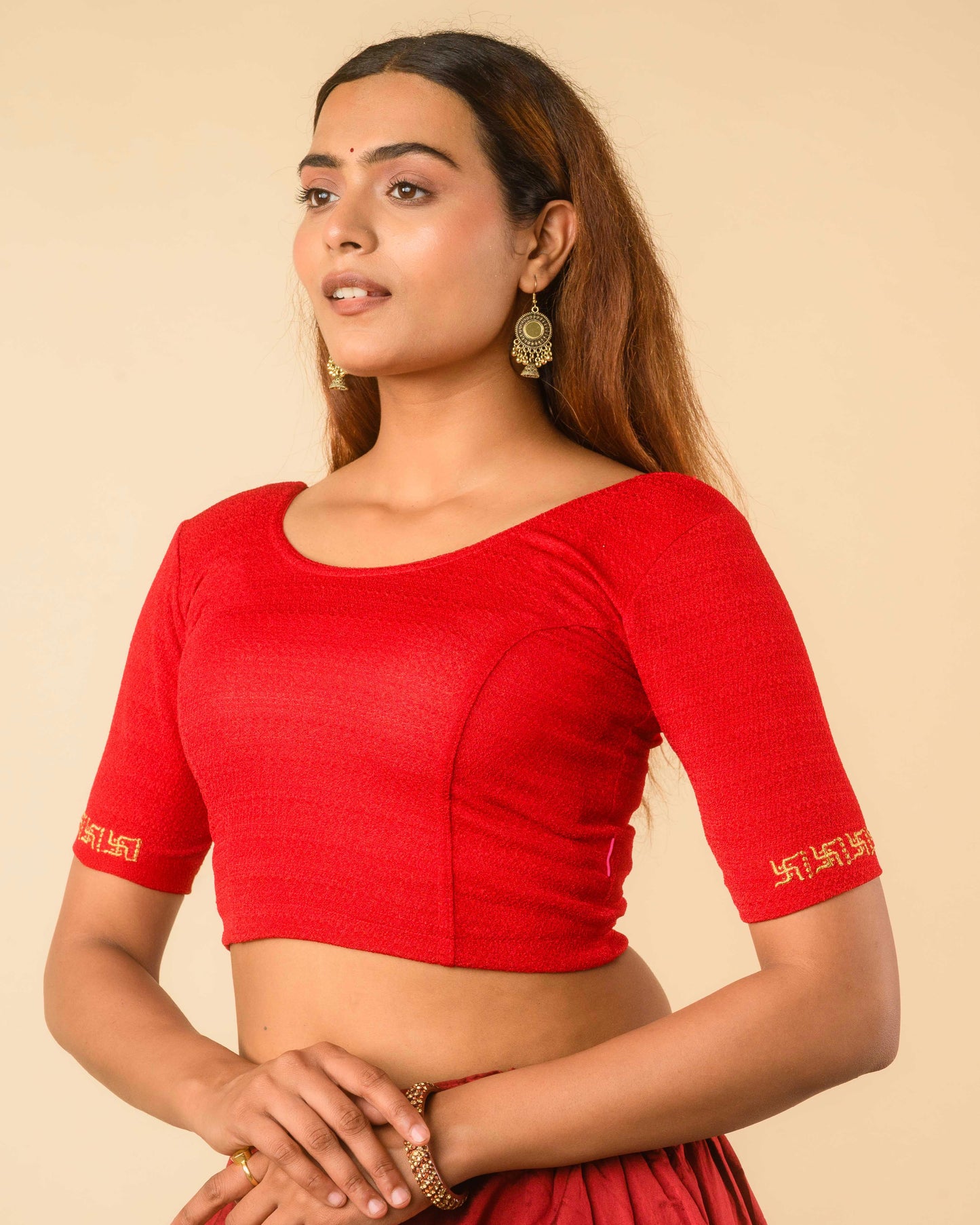 Mauli Red Traditional Swastika Embroidered Stretchable Saree Blouse – Advi