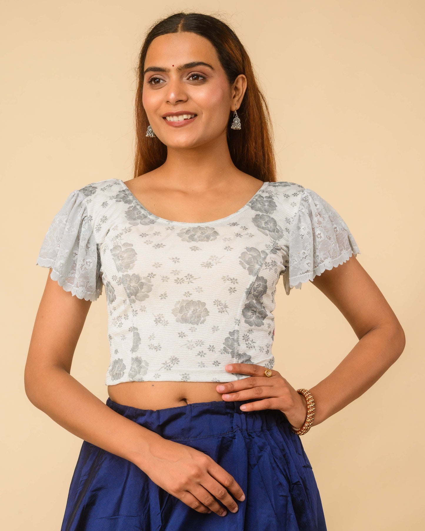Titli Silver Floral Zari Jacquard Retro Bell Sleeve Stretchable Saree Blouse