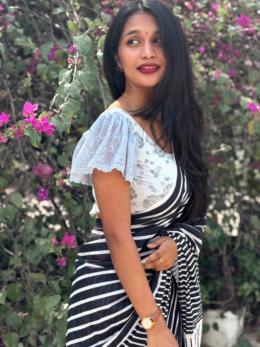 Titli Silver Floral Zari Jacquard Retro Bell Sleeve Stretchable Saree Blouse