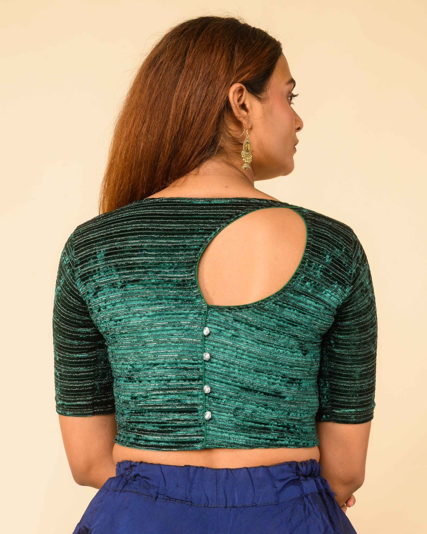 Chanda Bottle Green Bright Floral Brasso Velvet Stretchable Saree Blouse Advi
