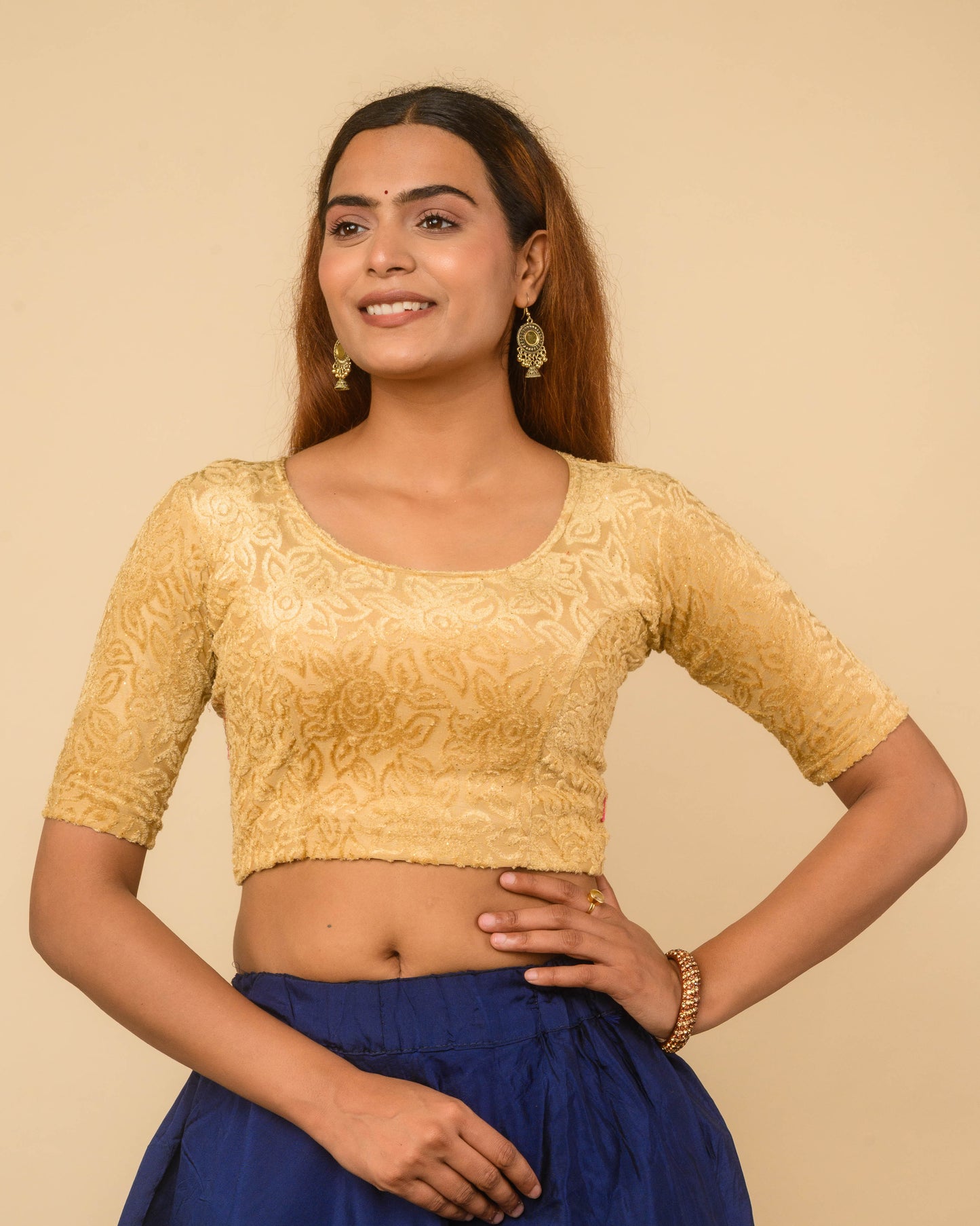 Chanda Gold Beige Bright Floral Brasso Velvet Stretchable Saree Blouse Advi