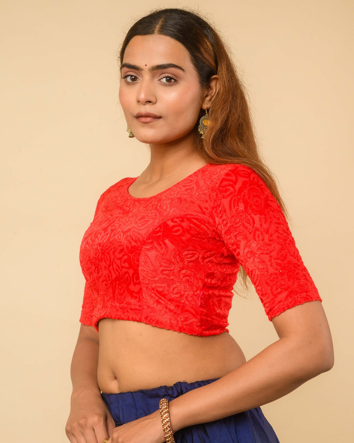 Chanda Red Bright Floral Brasso Velvet Stretchable Saree Blouse Advi