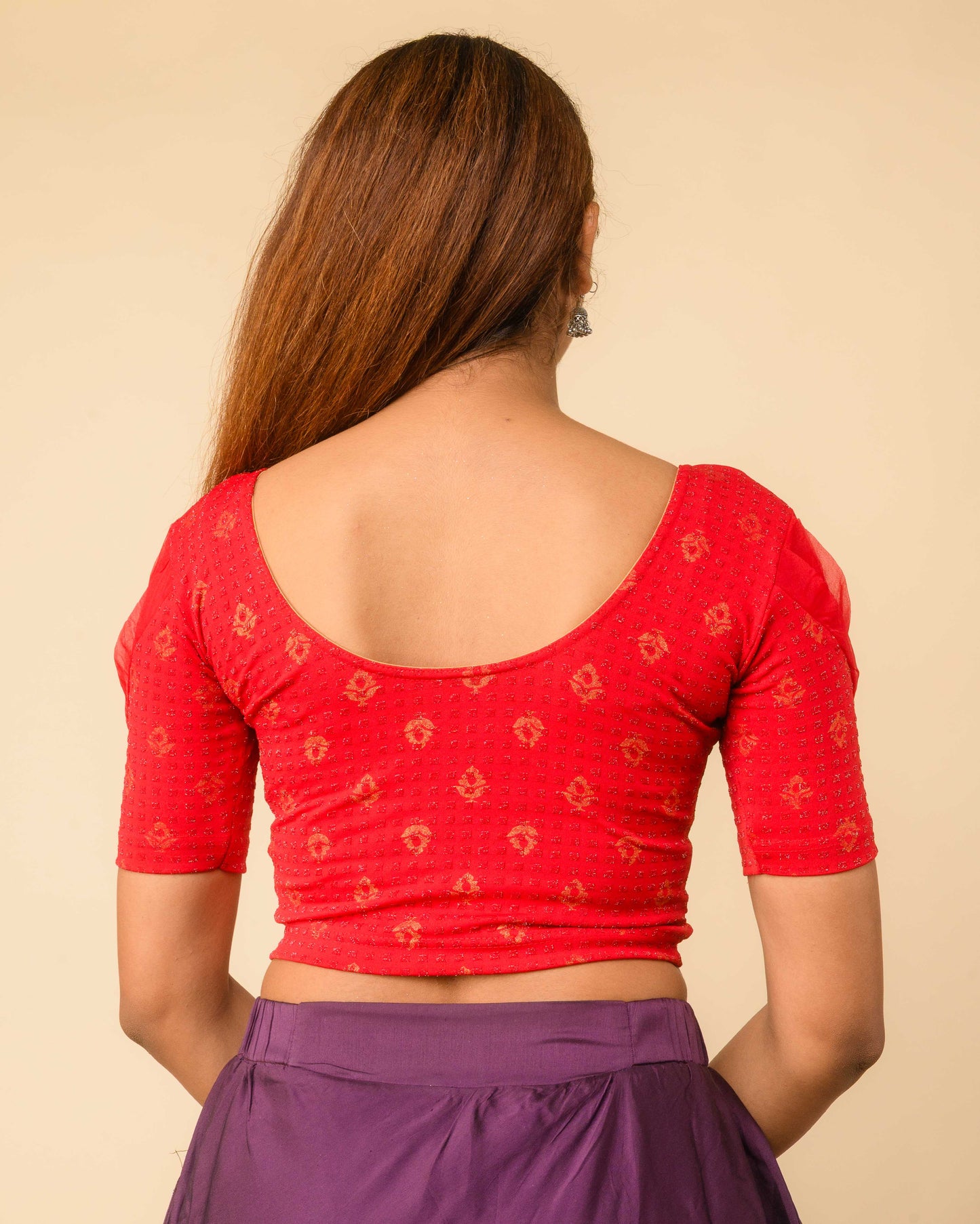 Paavna Gold–silver metallic buti Dobby Zari Jacquard stretchable saree blouse with organza puff elbow sleeves and round neck, by Advi - red back