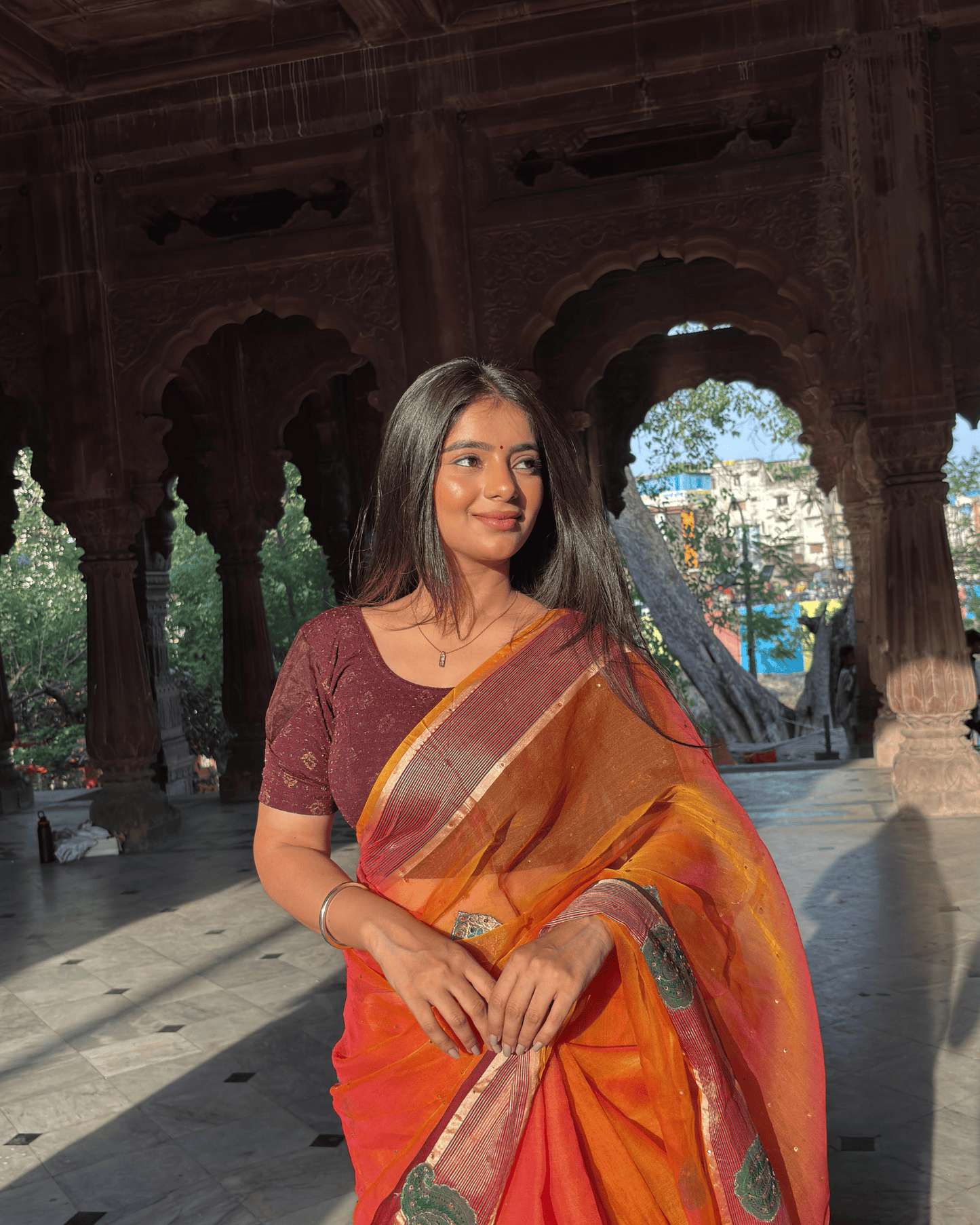 Front view of the tone-sparkle stretchable readymade blouse with round neckline and elbow sleeves.