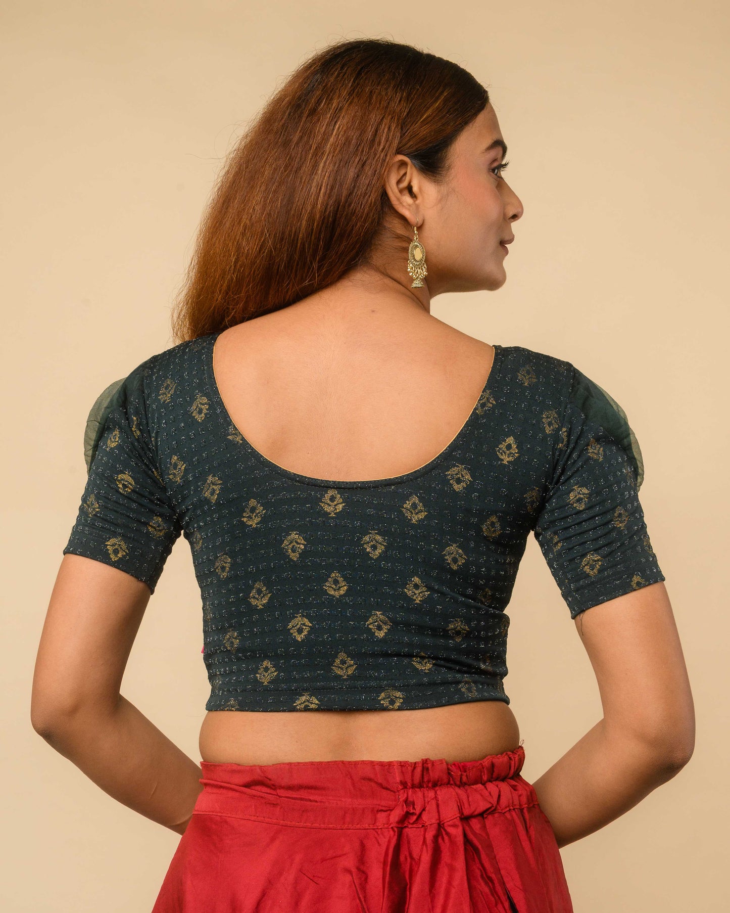 Paavna Bottle Green Organza Puff Sleeve Stretchable Saree Blouse Advi