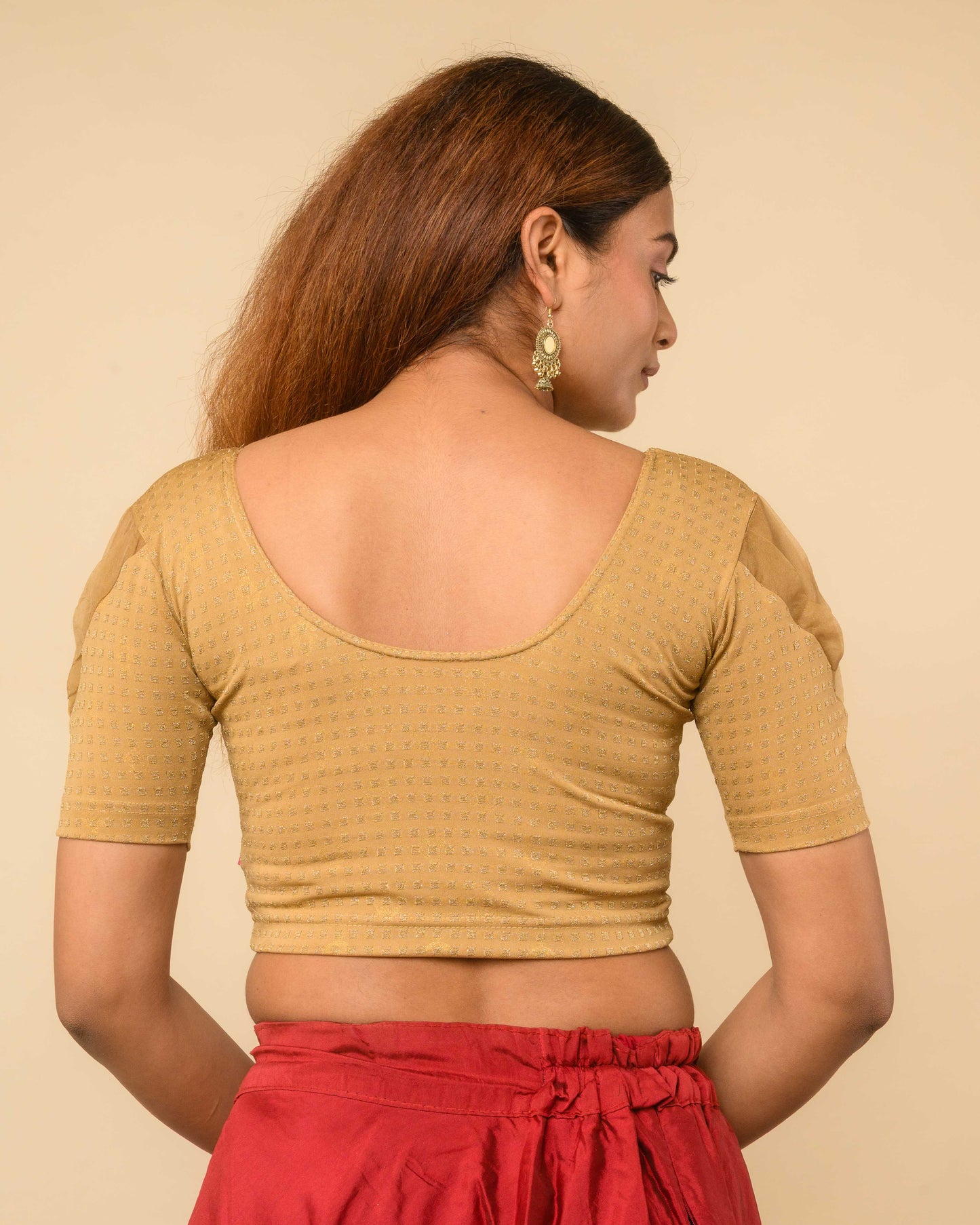 Paavna Gold Organza Puff Sleeve Stretchable Saree Blouse Advi