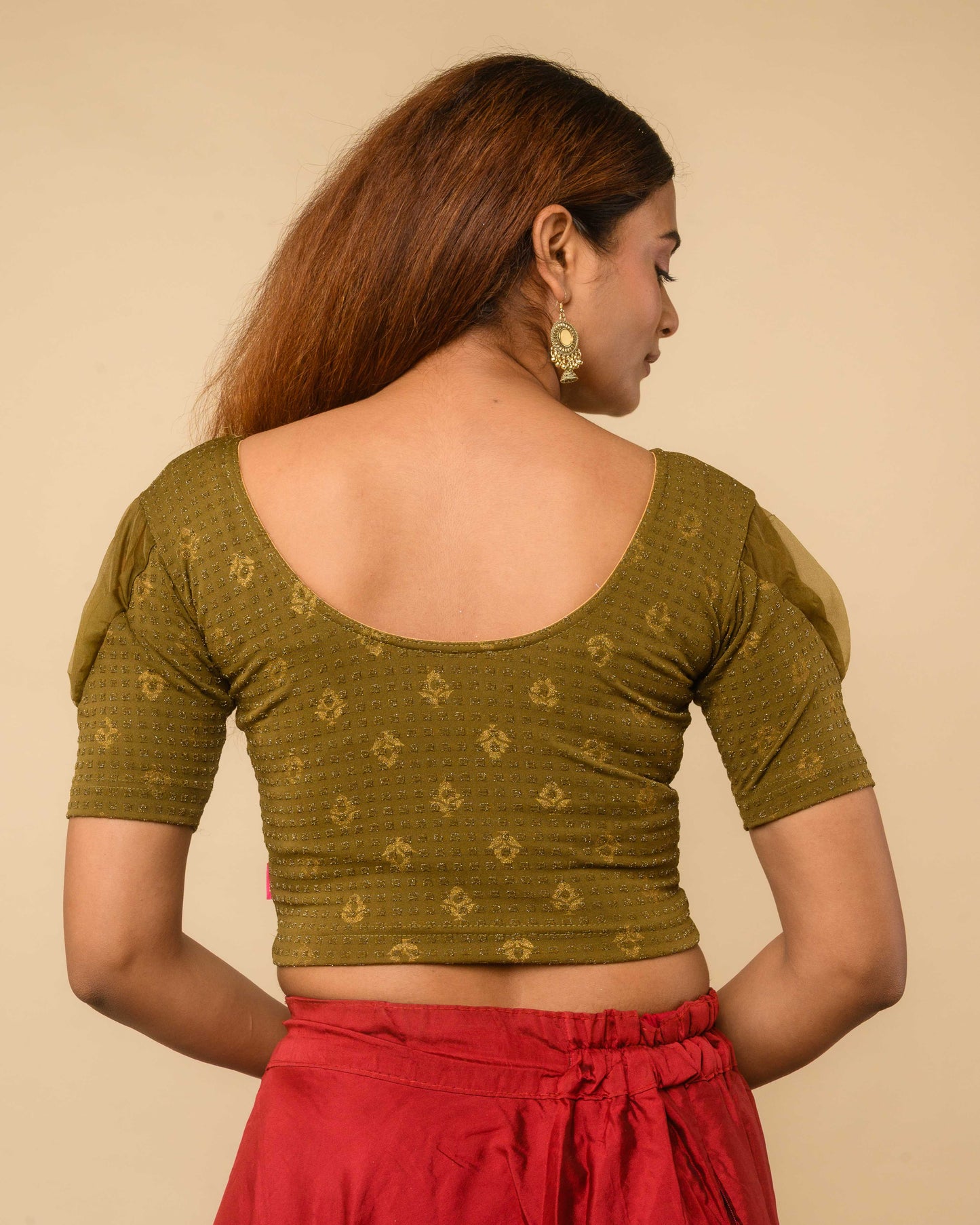 Paavna Mehendi Green Organza Puff Sleeve Stretchable Saree Blouse Advi