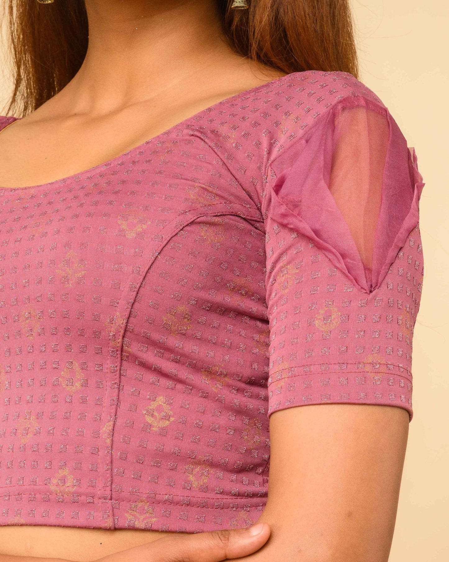Paavna Onion Pink Organza Puff Sleeve Stretchable Saree Blouse Advi
