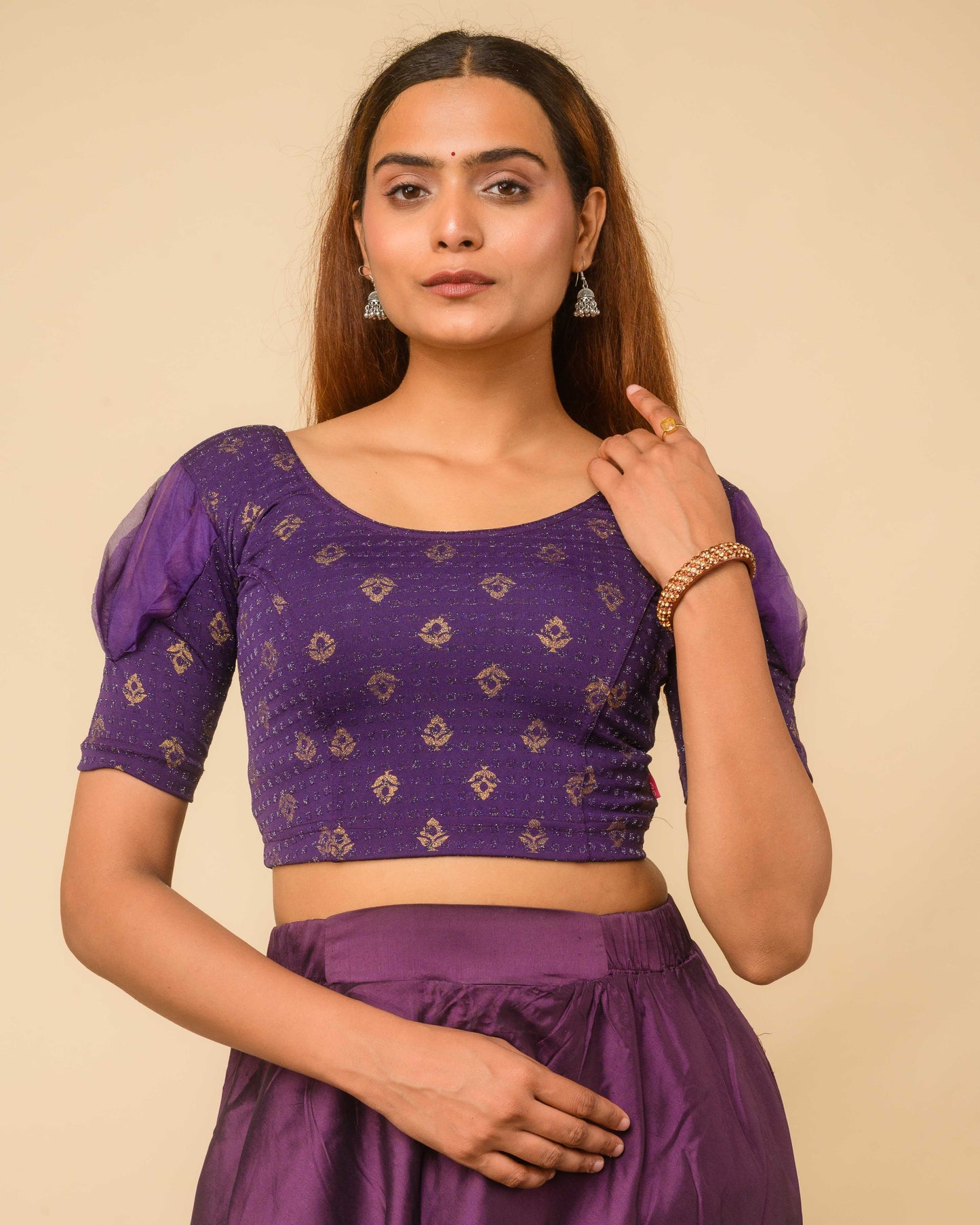 Paavna Purple Organza Puff Sleeve Stretchable Saree Blouse Advi