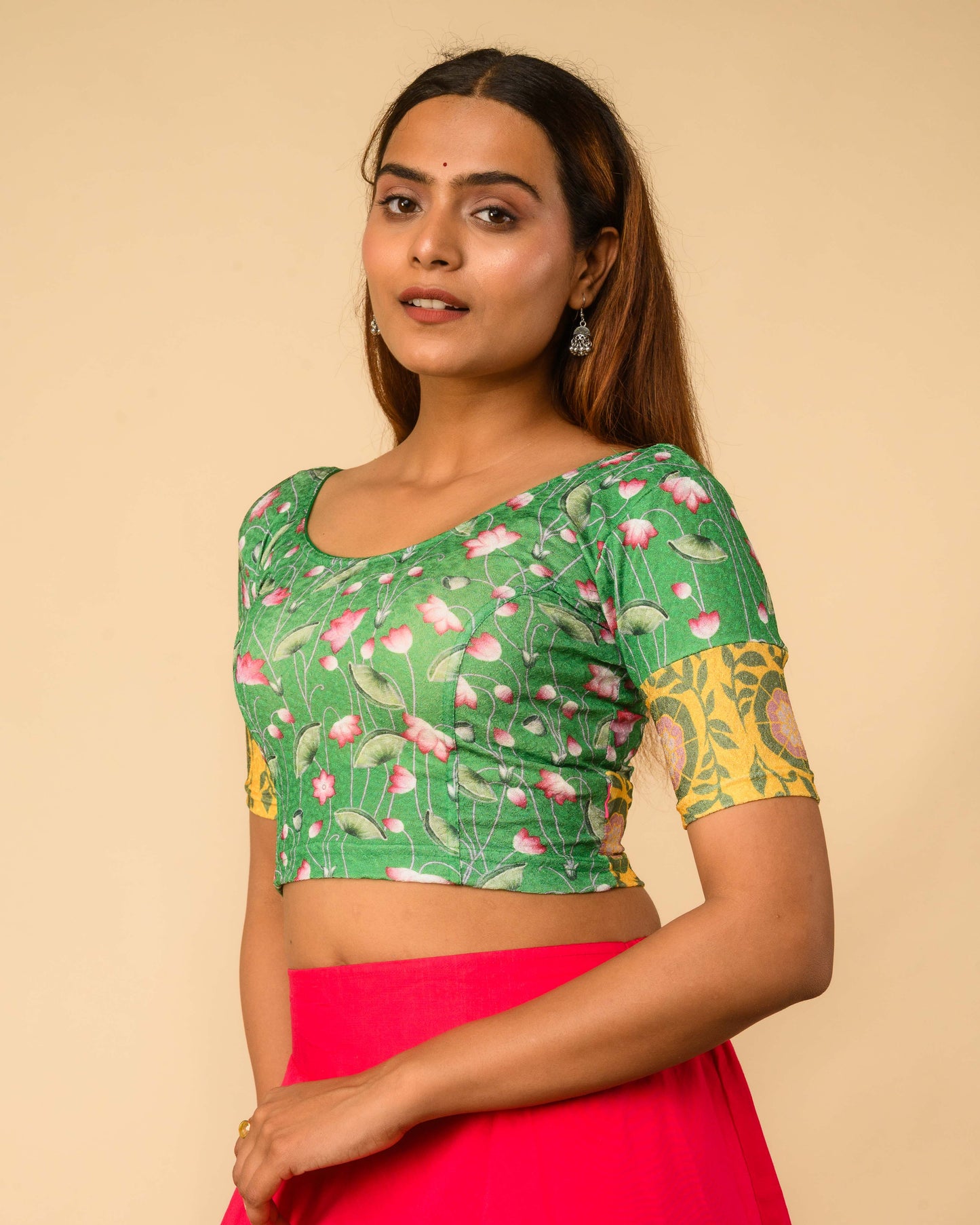 Pichwai Green Multicolour Jacquard Stretchable Saree Blouse Advi