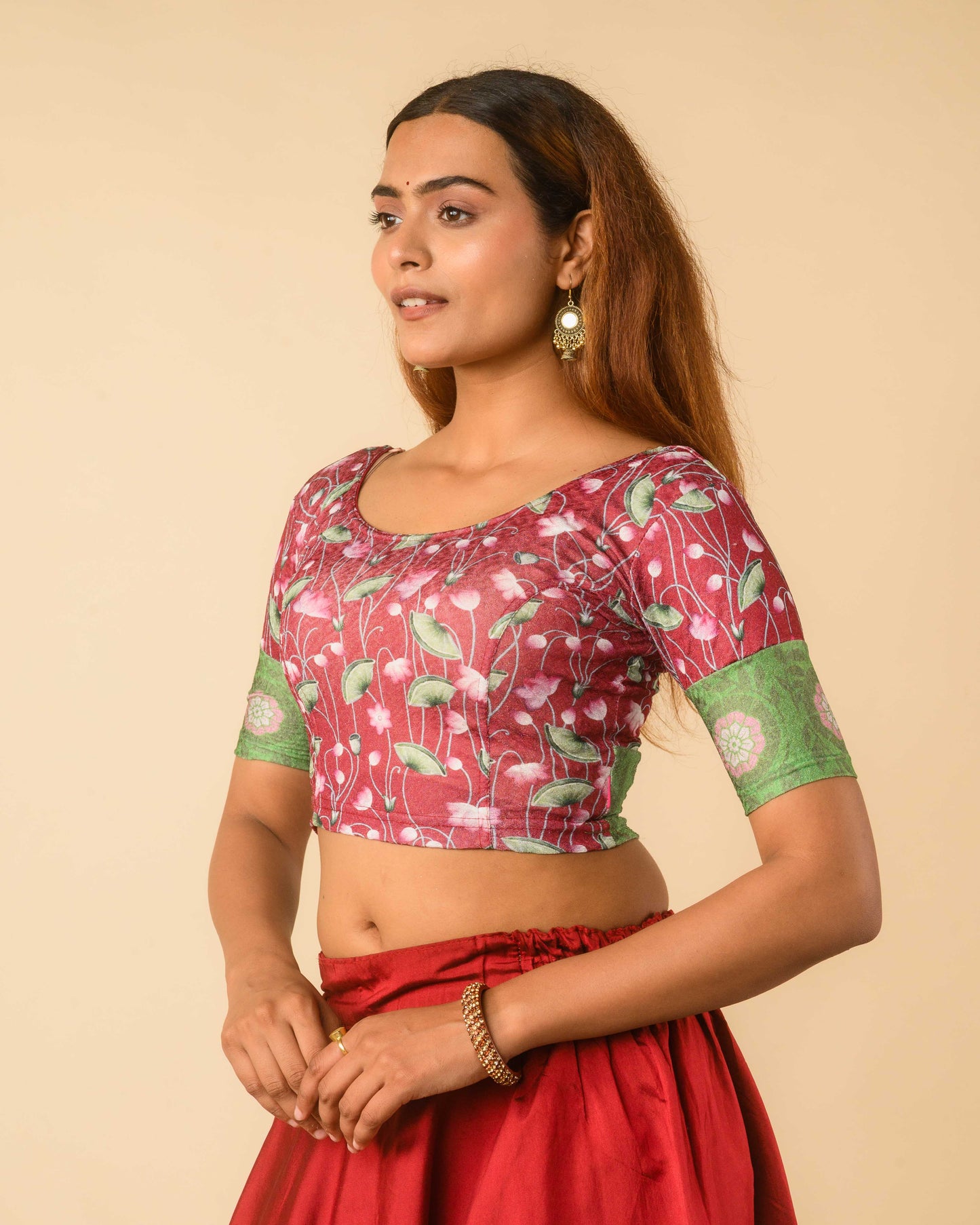 Pichwai Maroon Multicolour Jacquard Stretchable Saree Blouse Advi