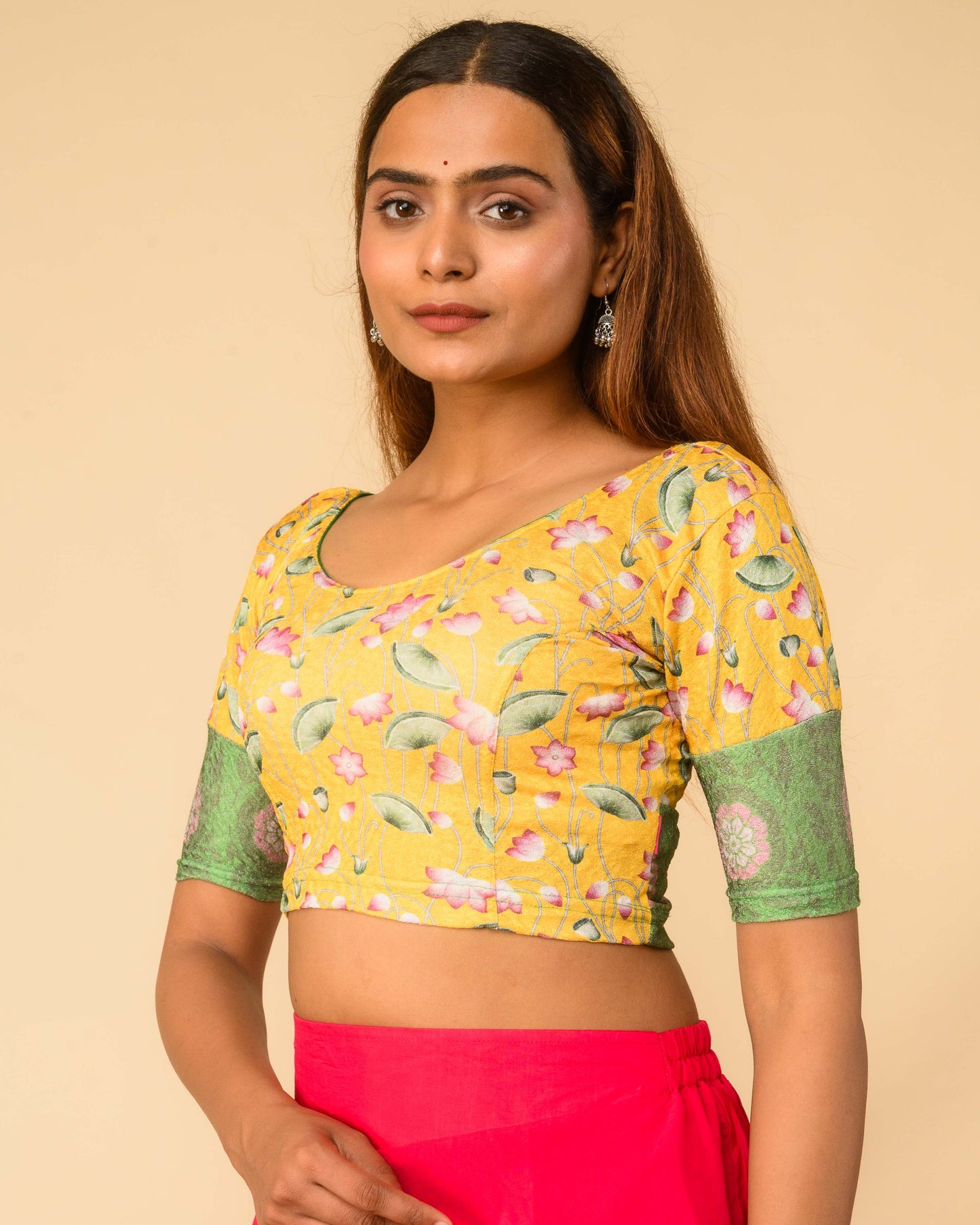 Pichwai Yellow Multicolour Jacquard Stretchable Saree Blouse Advi