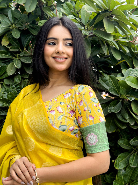 Pichwai Yellow Multicolour Jacquard Stretchable Saree Blouse Advi