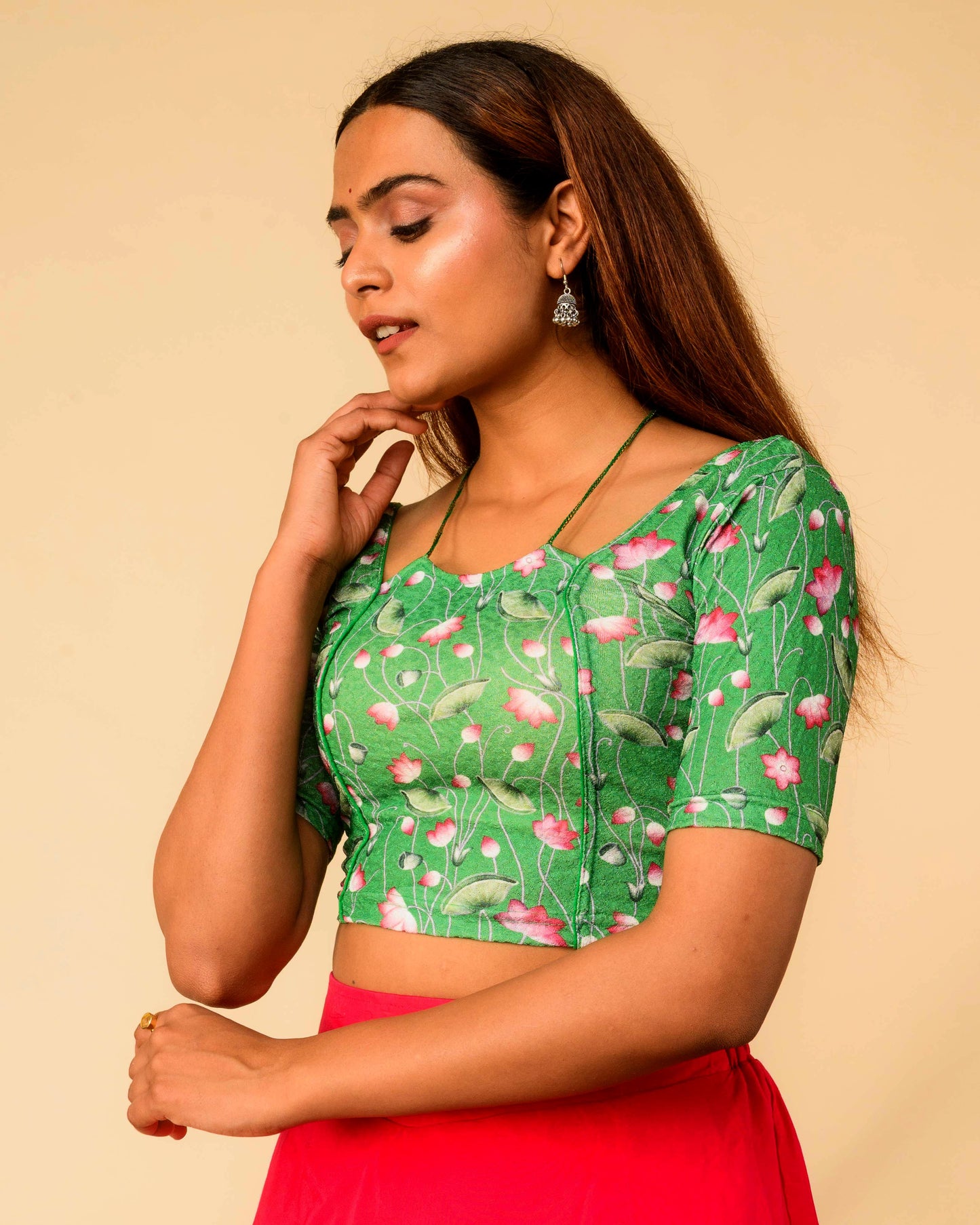 Pushkar Green Multicolour Pichwai Lotus Jacquard Stretchable Saree Blouse Advi