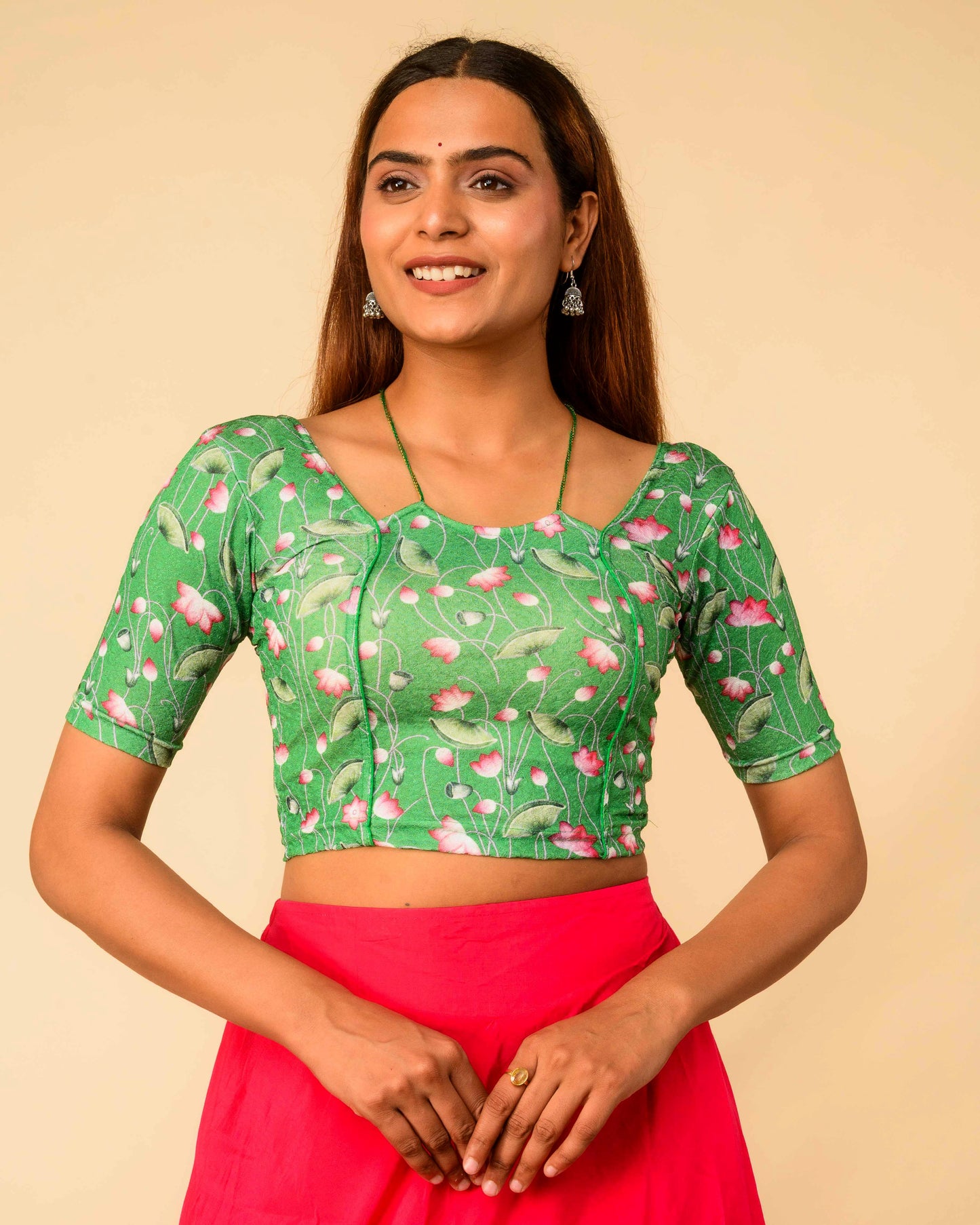 Pushkar Green Multicolour Pichwai Lotus Jacquard Stretchable Saree Blouse Advi