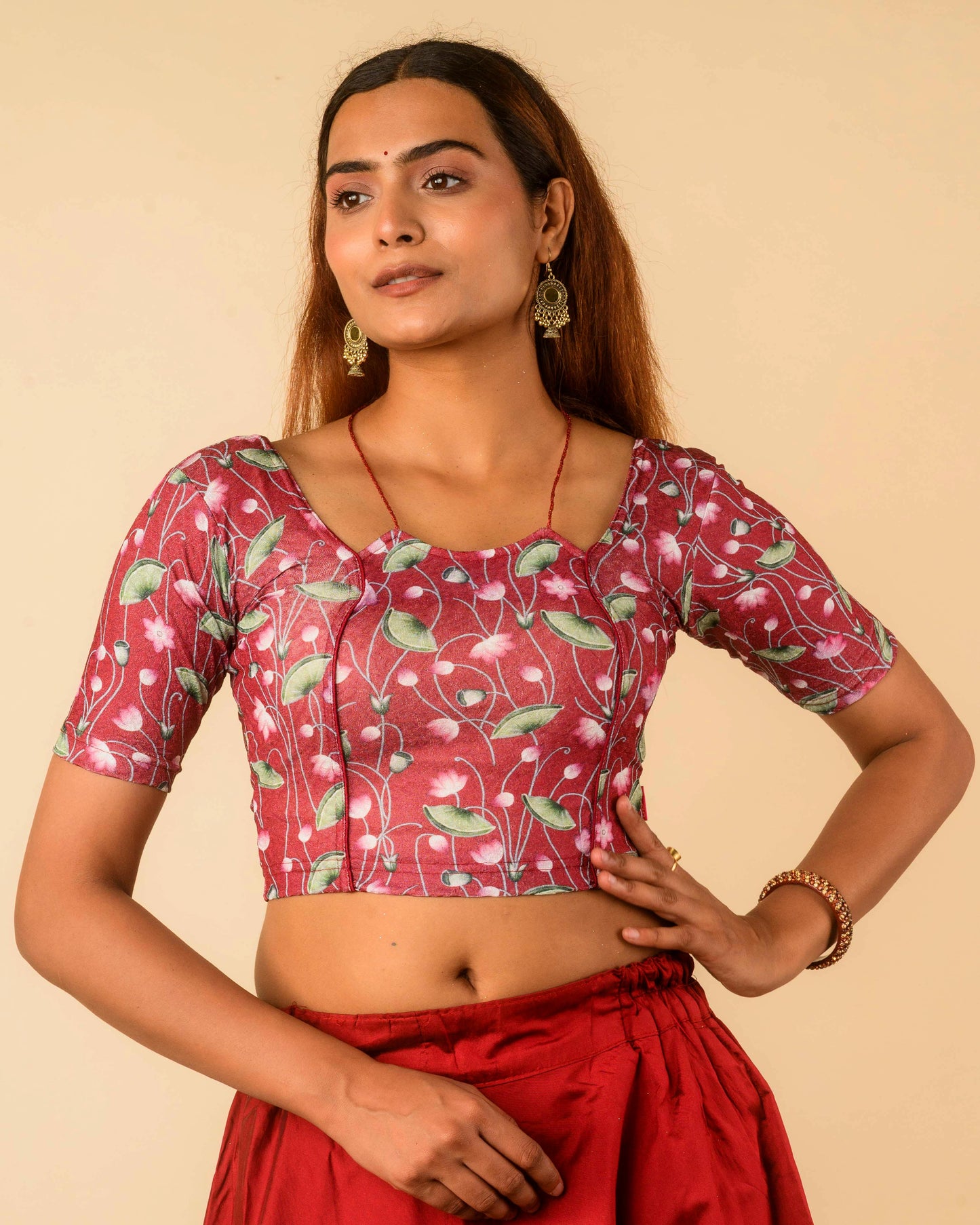 Pushkar Maroon Multicolour Pichwai Lotus Jacquard Stretchable Saree Blouse Advi