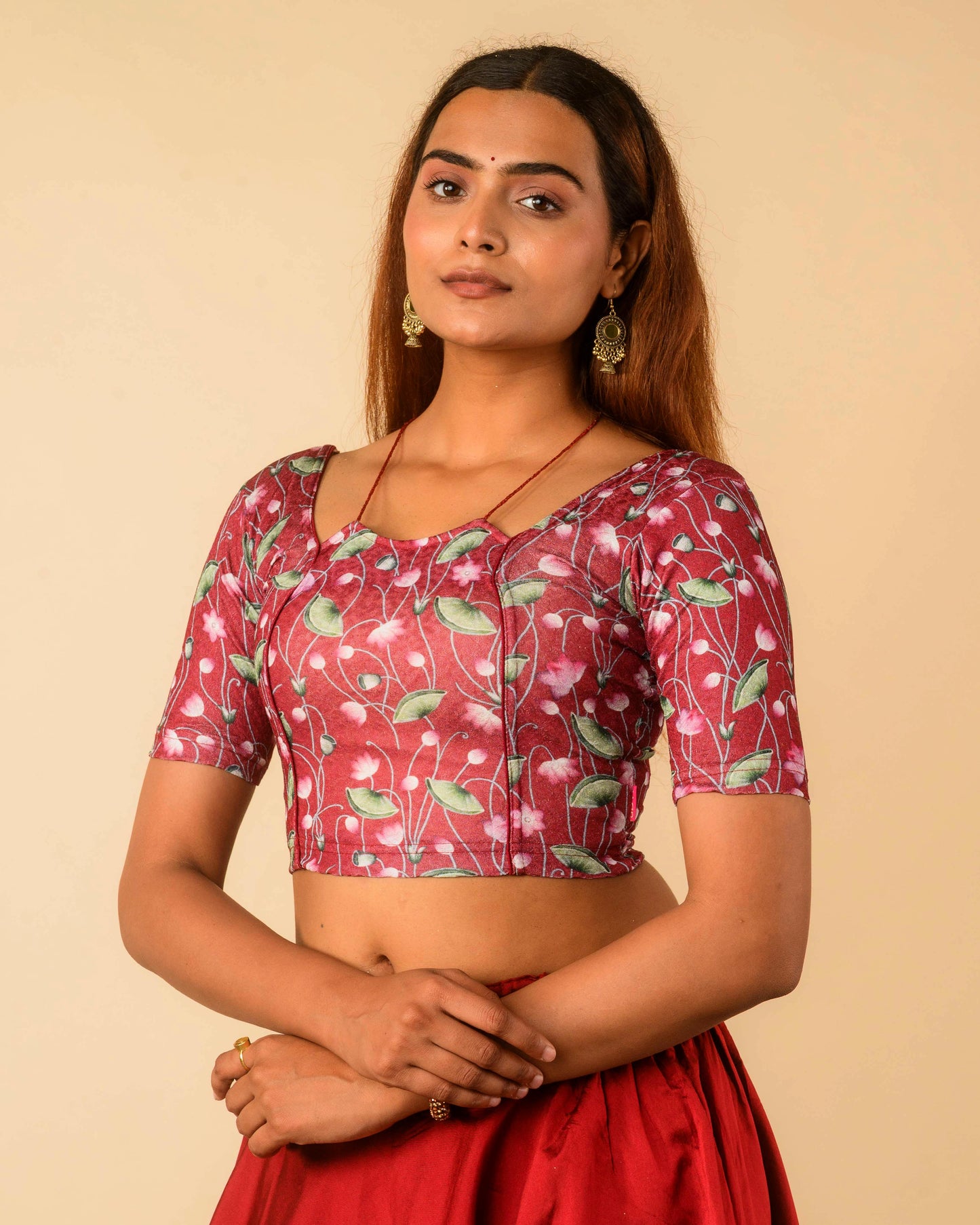 Pushkar Maroon Multicolour Pichwai Lotus Jacquard Stretchable Saree Blouse Advi