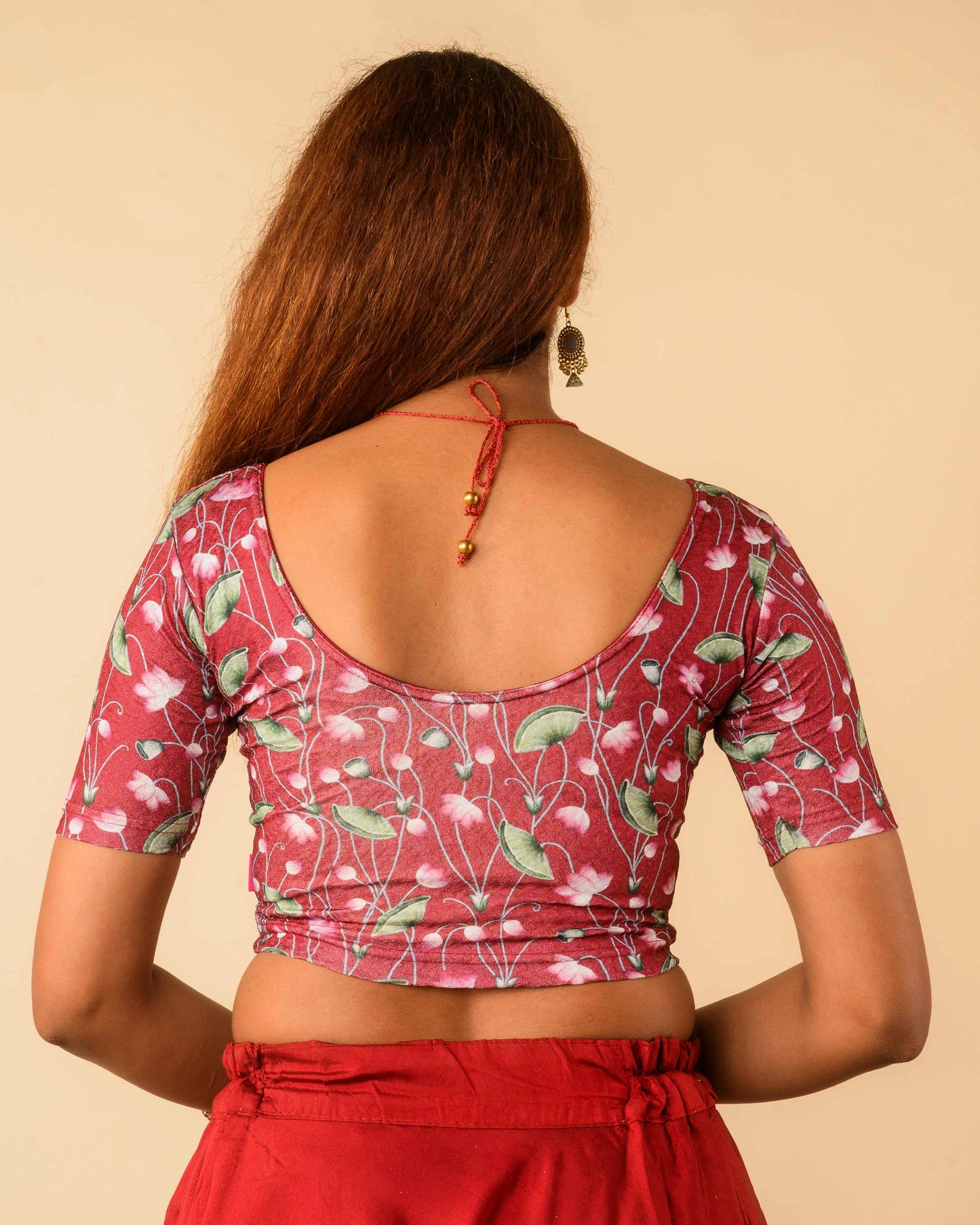 Pushkar Maroon Multicolour Pichwai Lotus Jacquard Stretchable Saree Blouse Advi