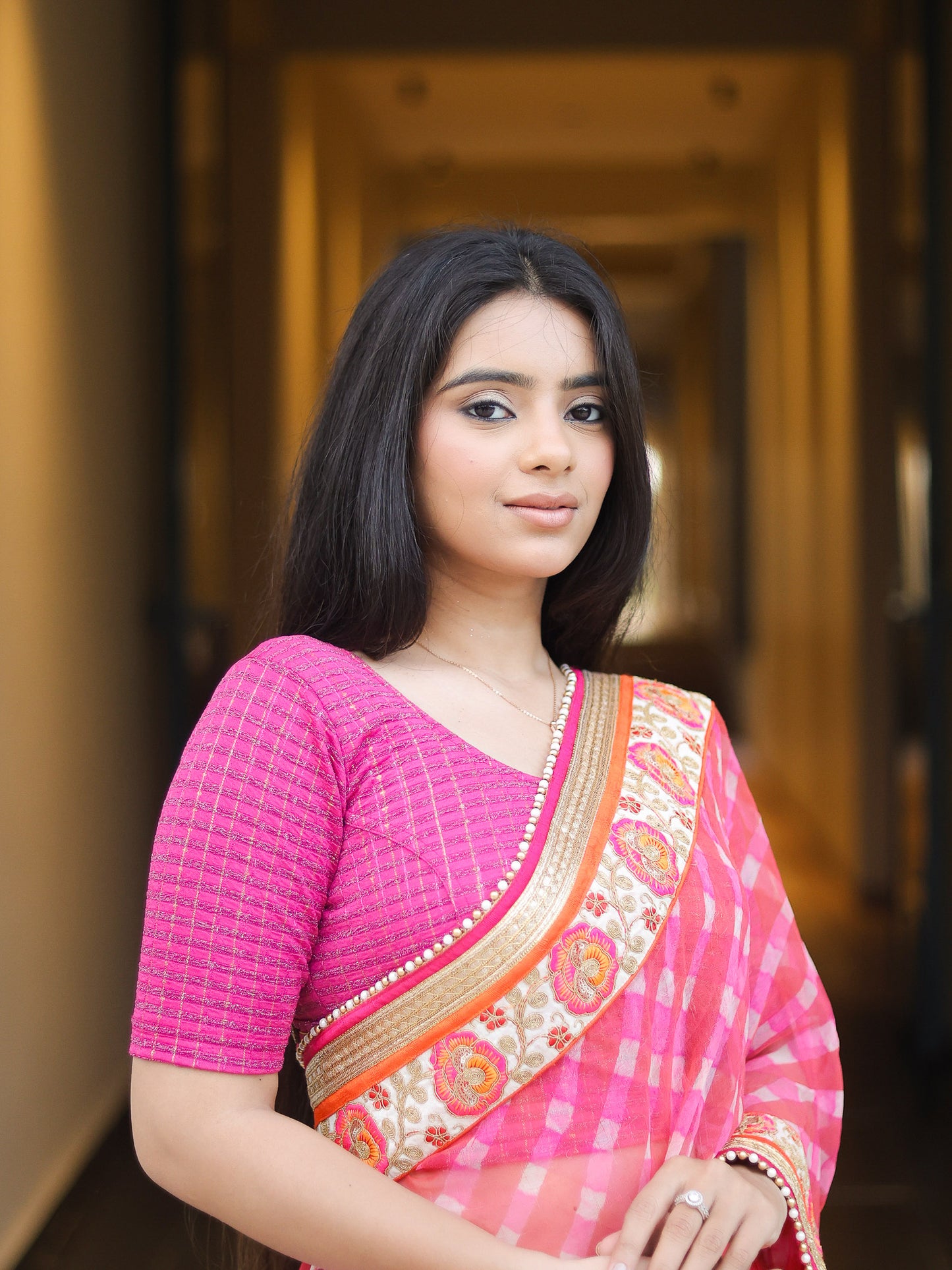 Padmini Rani Pink Handwork Buti Zari Striped Jacquard Stretchable Saree Blouse Advi