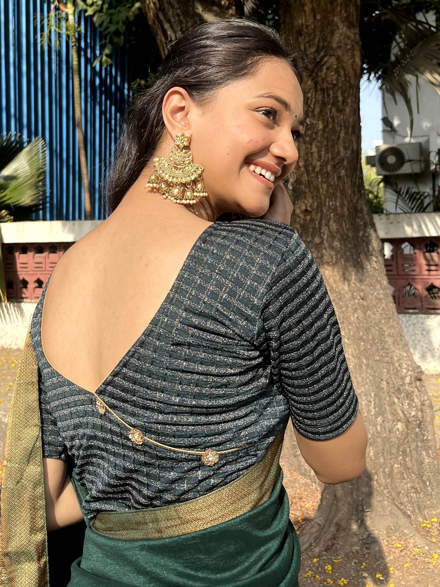 Padmini Bottle Green Handwork Buti Zari Striped Jacquard Stretchable Saree Blouse Advi