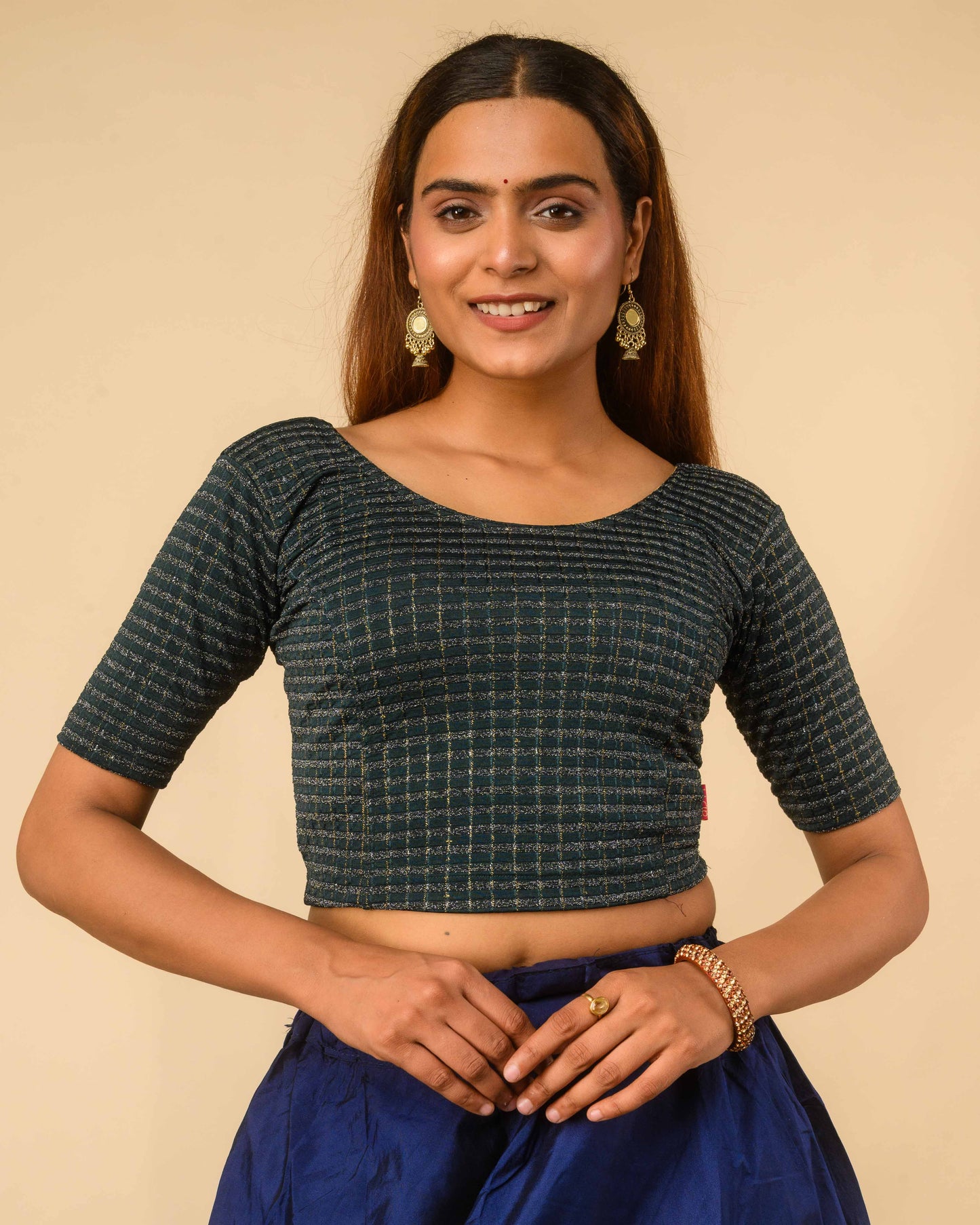 Padmini Bottle Green Handwork Buti Zari Striped Jacquard Stretchable Saree Blouse Advi