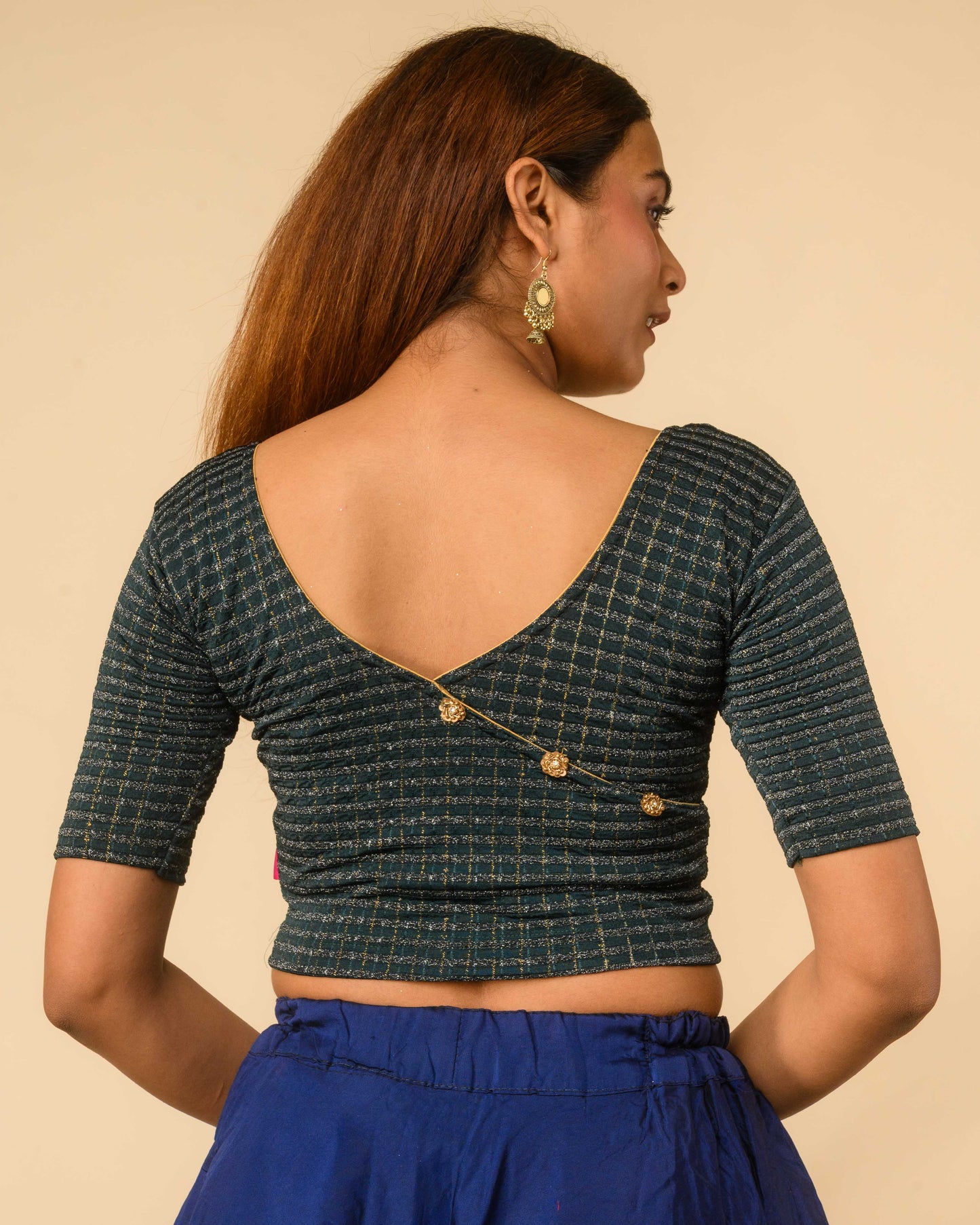 Padmini Bottle Green Handwork Buti Zari Striped Jacquard Stretchable Saree Blouse Advi
