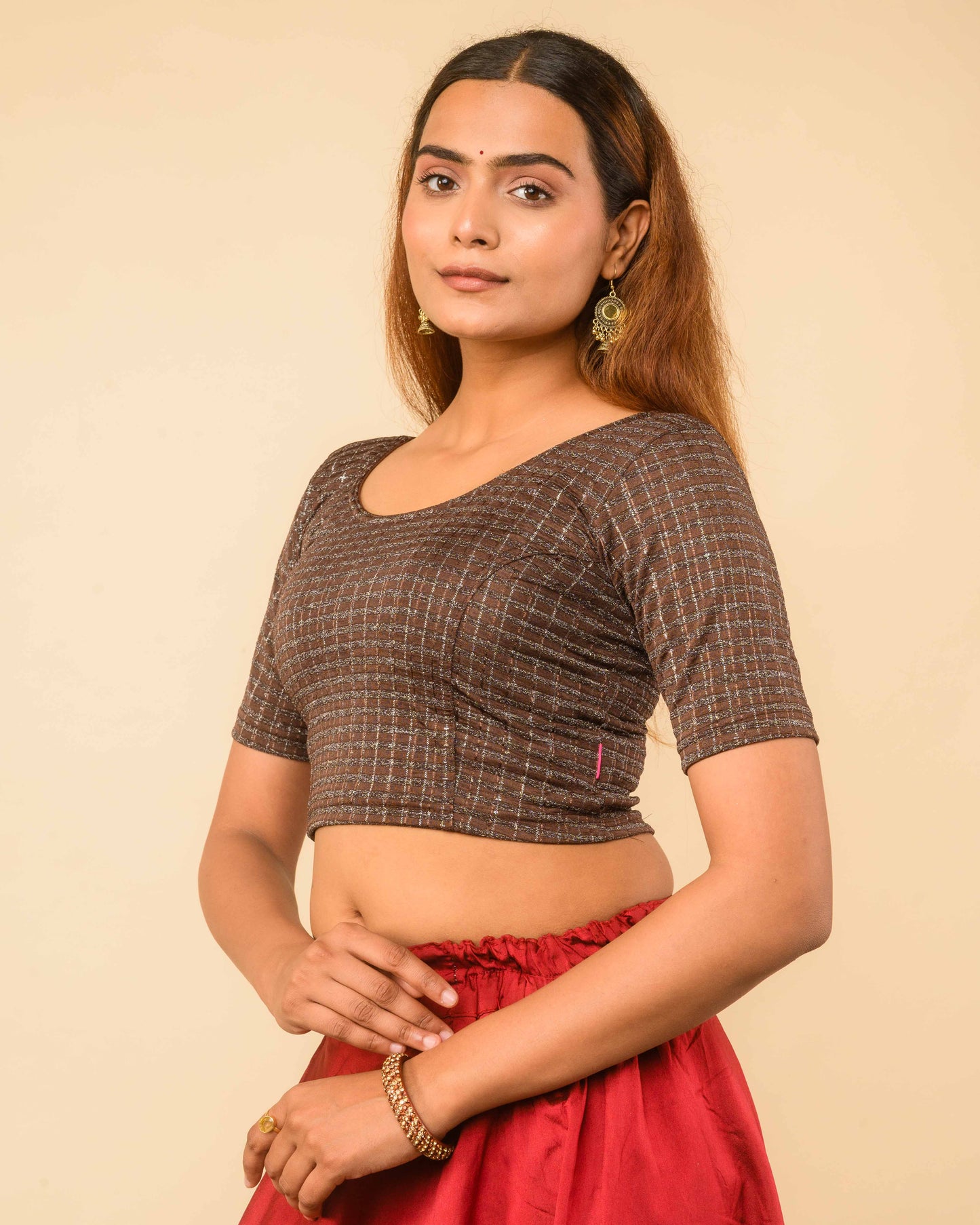 Padmini Coffee Handwork Buti Zari Striped Jacquard Stretchable Saree Blouse Advi