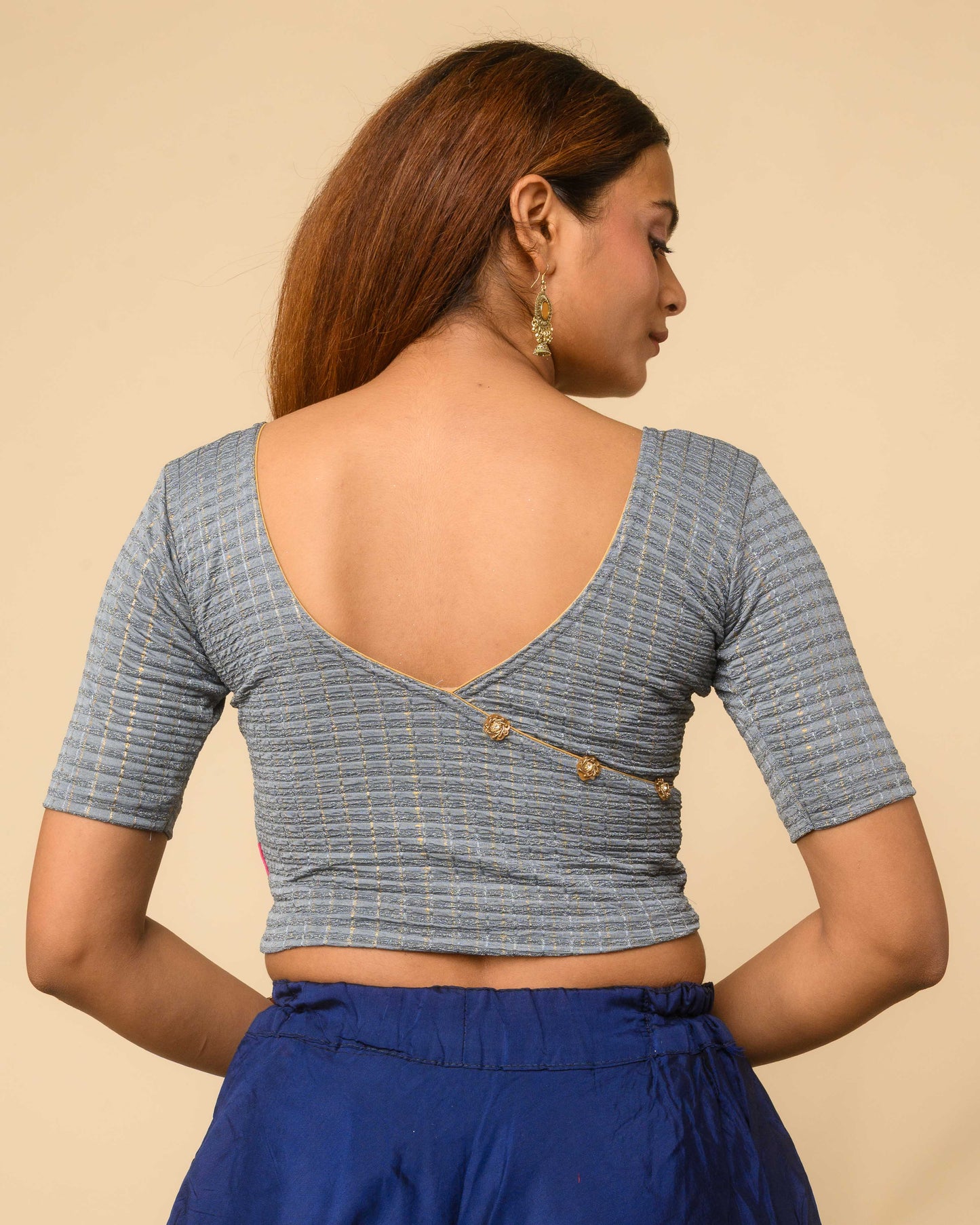 Padmini Gray Zari Striped Jacquard Stretchable Saree Blouse Advi