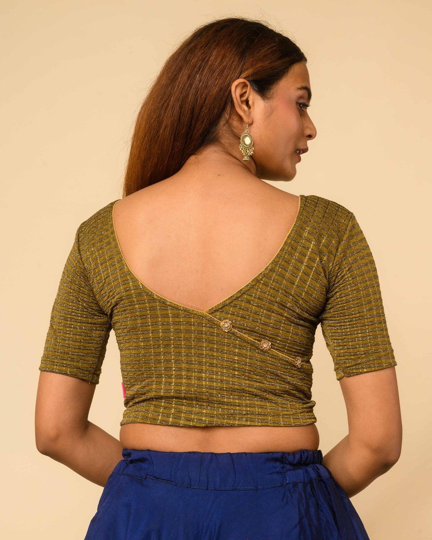 Padmini Mehendi Green Handwork Buti Zari Striped Jacquard Stretchable Saree Blouse Advi