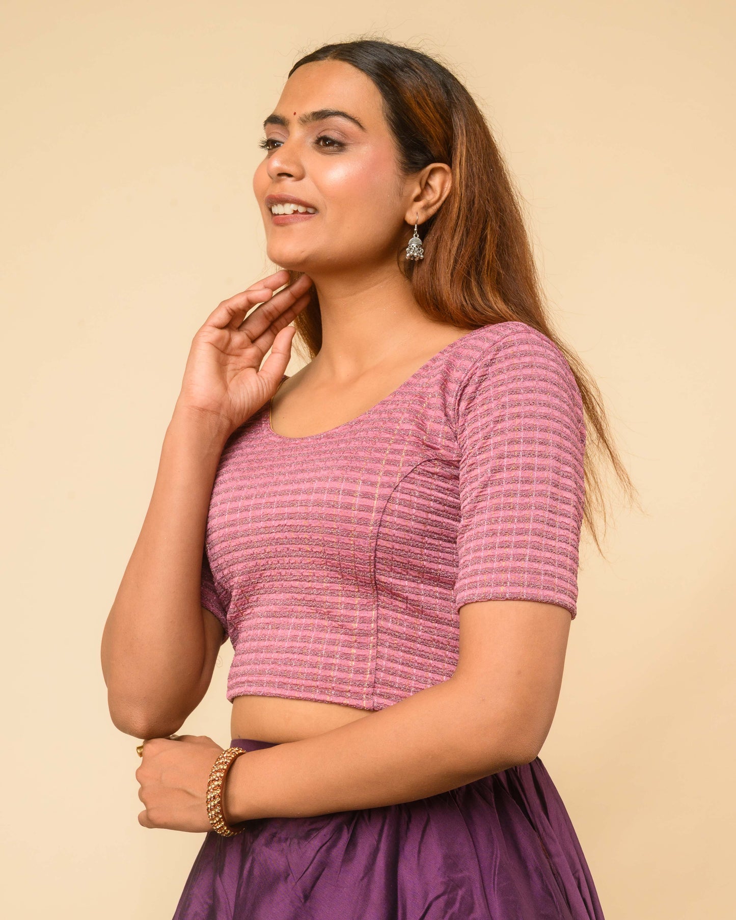Padmini Onion Pink Zari Striped Jacquard Stretchable Saree Blouse Advi