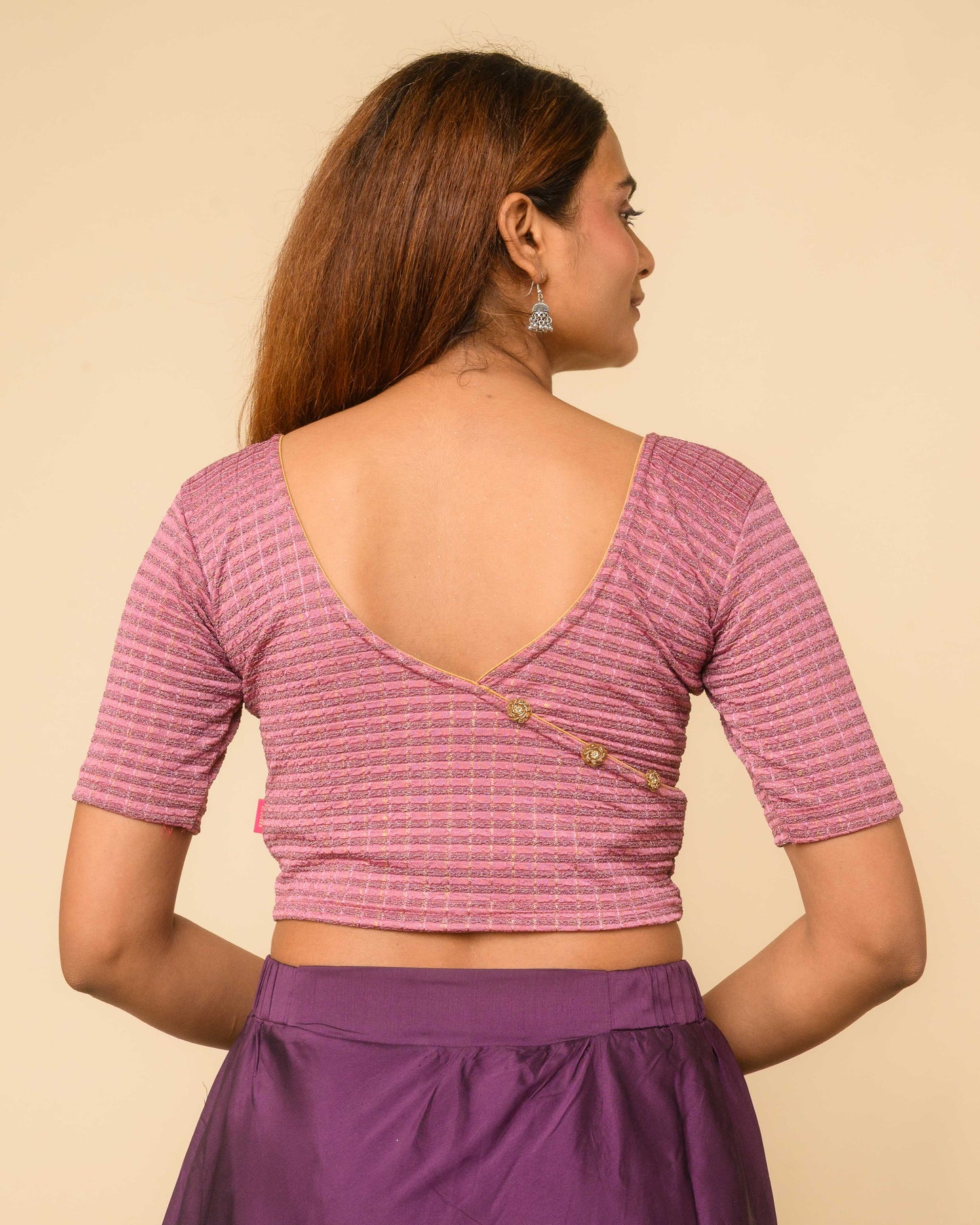 Padmini Onion Pink Zari Striped Jacquard Stretchable Saree Blouse Advi