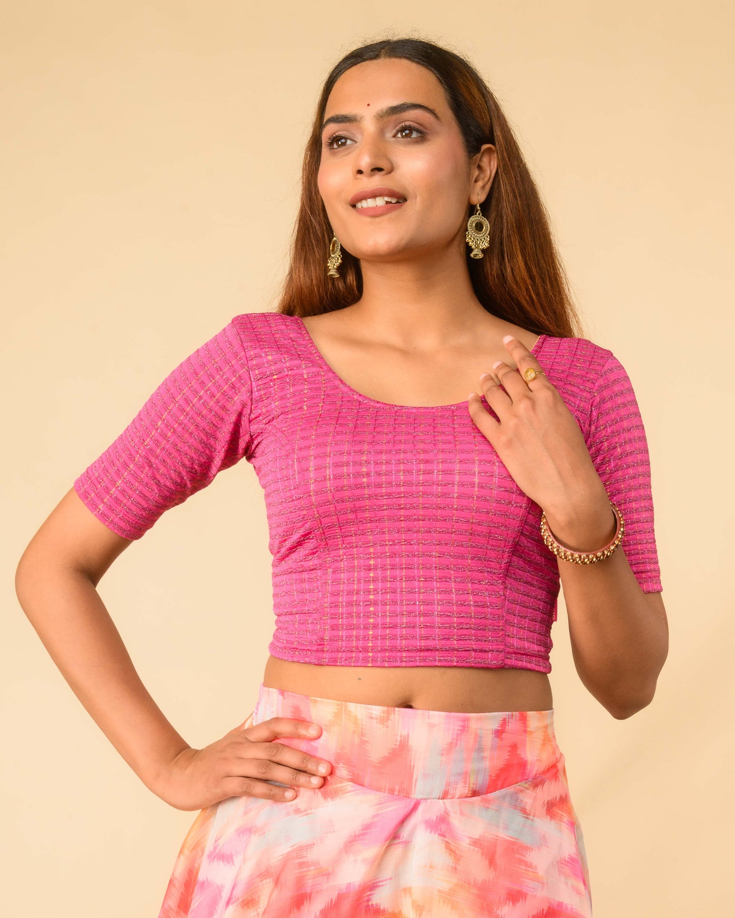 Padmini Rani Pink Handwork Buti Zari Striped Jacquard Stretchable Saree Blouse Advi