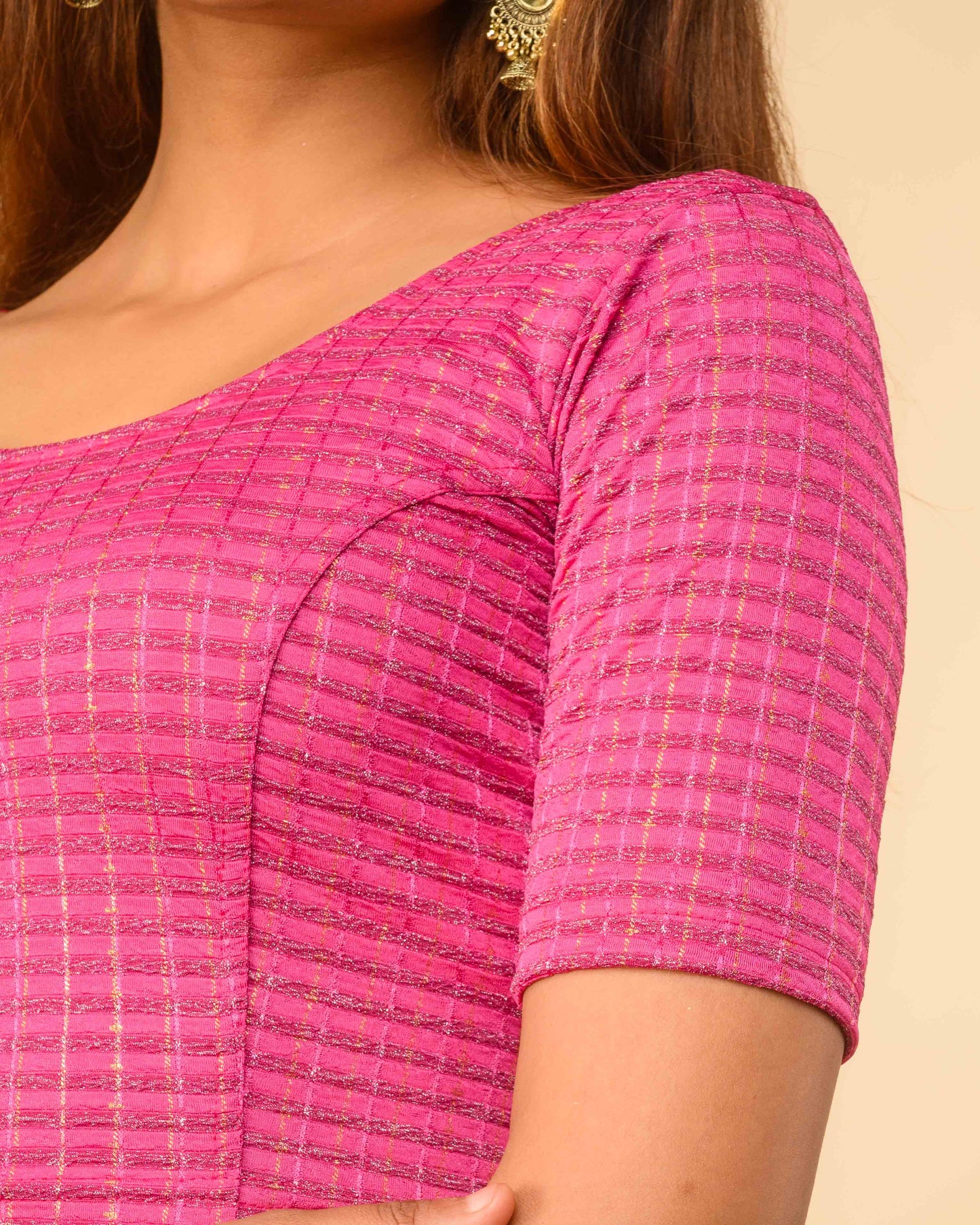 Padmini Rani Pink Handwork Buti Zari Striped Jacquard Stretchable Saree Blouse Advi