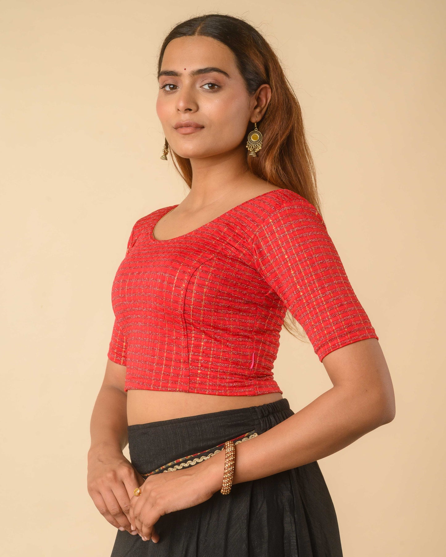 Padmini Red Zari Striped Jacquard Stretchable Saree Blouse Advi