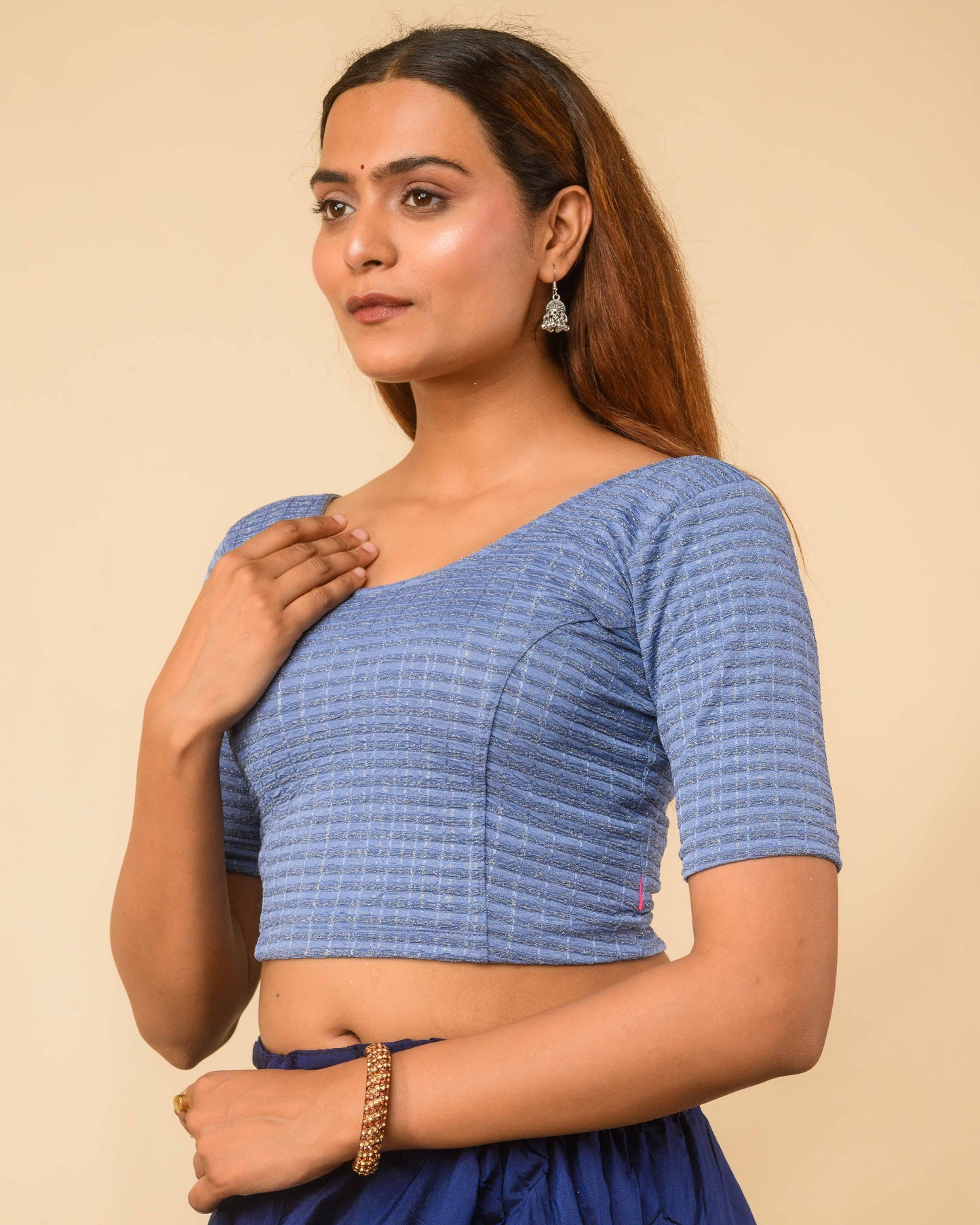 Padmini Steel Blue Zari Striped Jacquard Stretchable Saree Blouse Advi