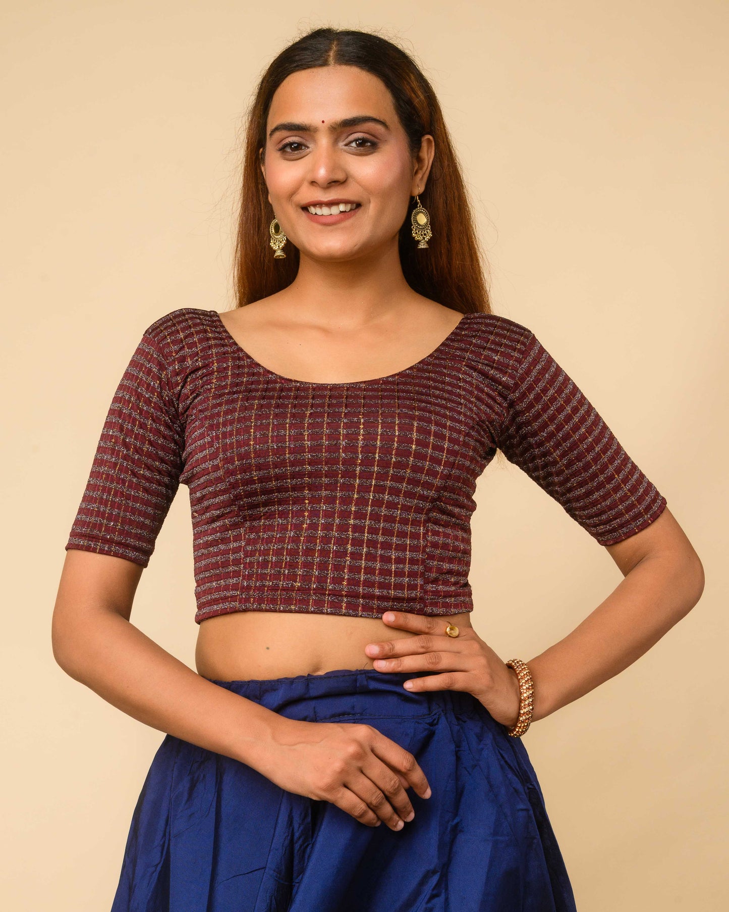 Padmini Wine Handwork Buti Zari Striped Jacquard Stretchable Saree Blouse Advi